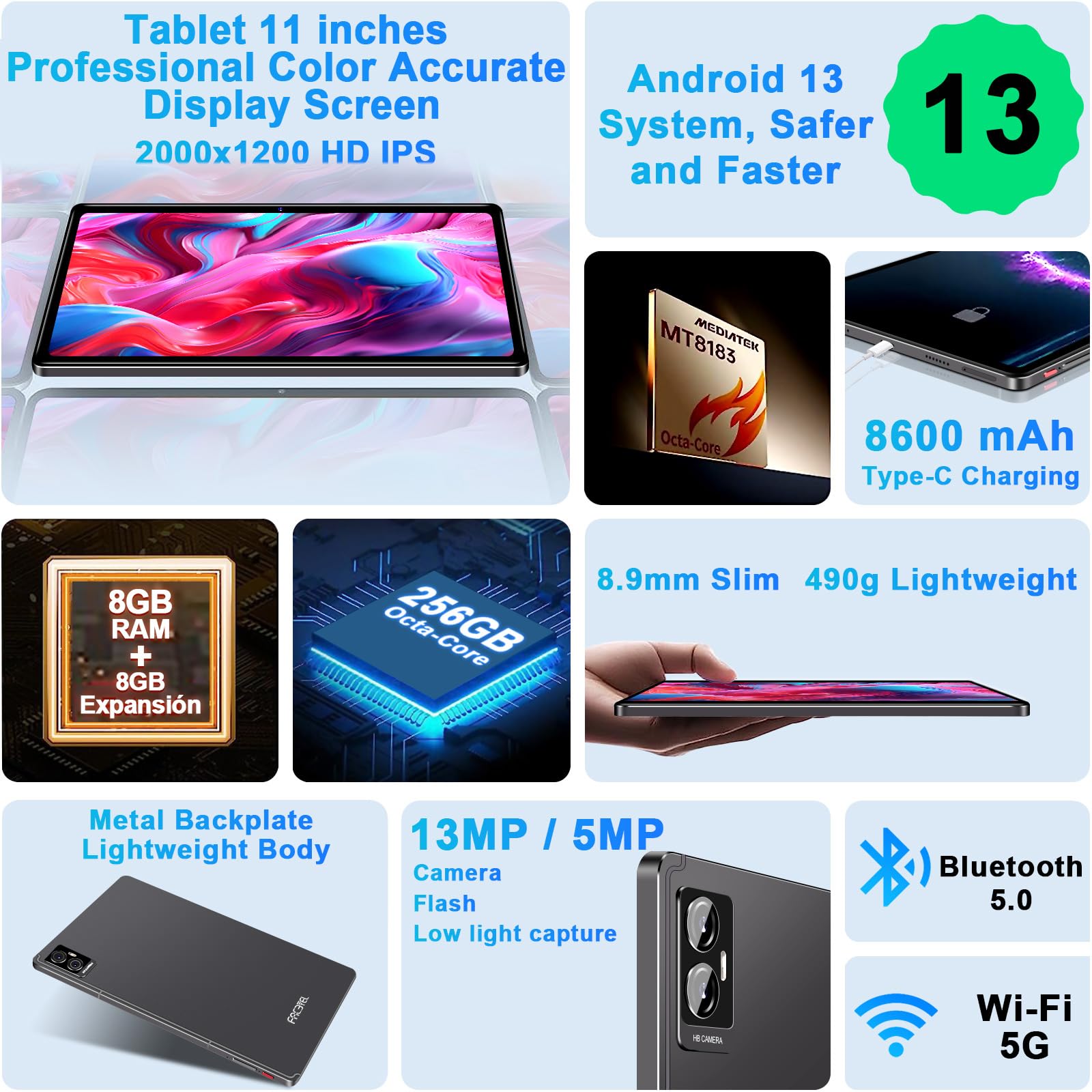 Tablet Android 13 Tablet Pc 11 Inch Tablet Latest With 16Gb+256Gb+1Tb Expand, 8600Mah, Support, Octa Core 2.0 Ghz, 5G Wifi, Dual
