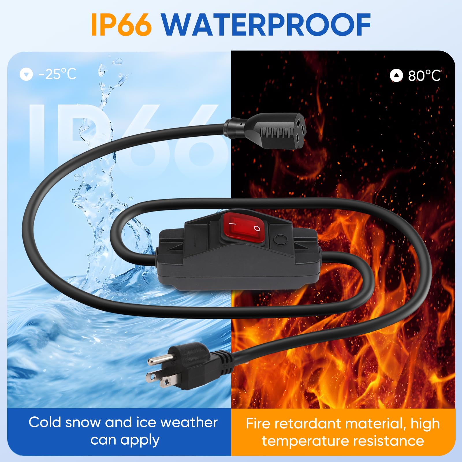 Outdoor Extension Cord With On/Off Waterproof Switch, 15A 125V Grounded 3 Prong Plug, Heavy Duty 1875W Short Outdoor Extension C