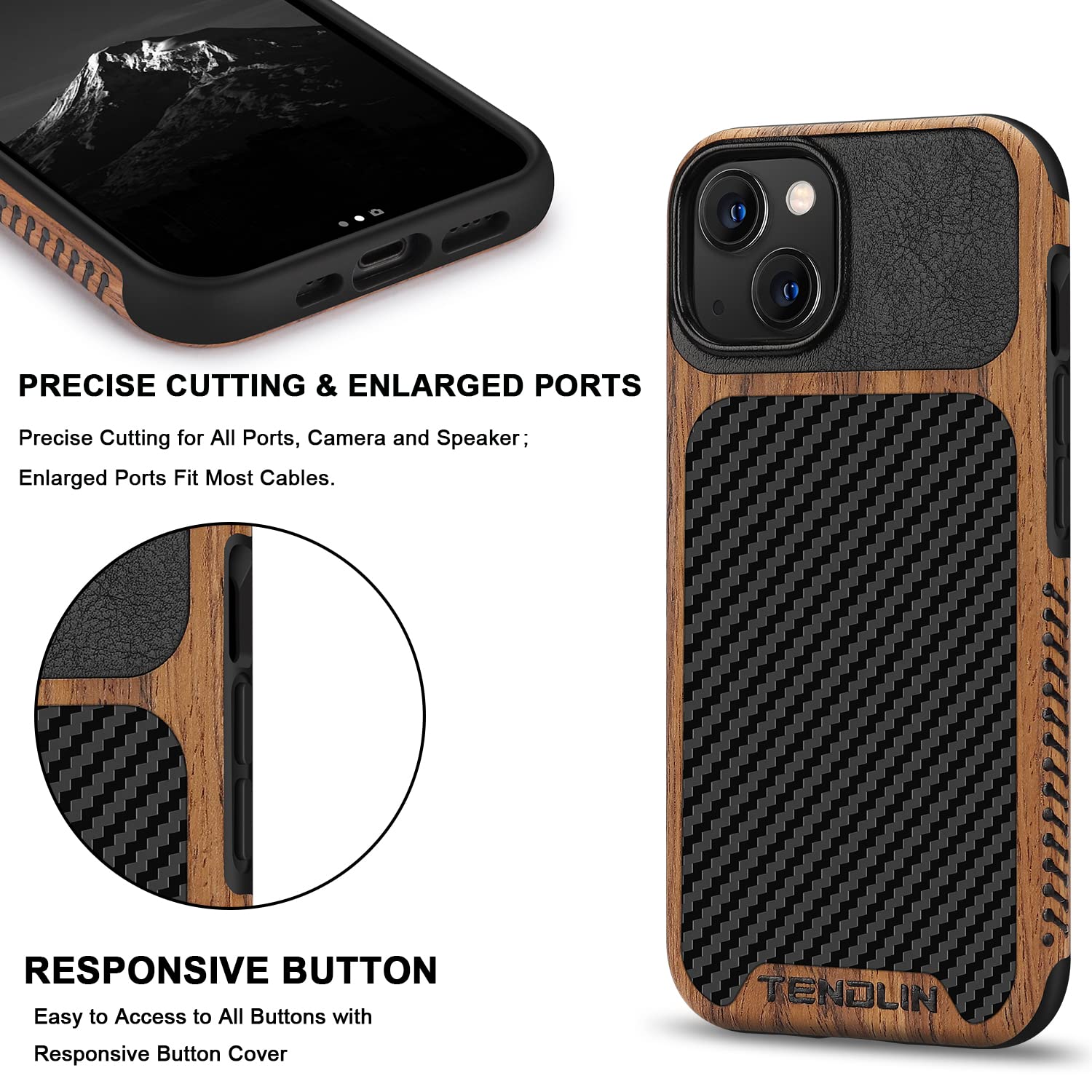 Tendlin Compatible With Iphone 13 Mini Case Wood Grain With Carbon Fiber Texture Design Leather Hybrid Case Compatible For Iphon