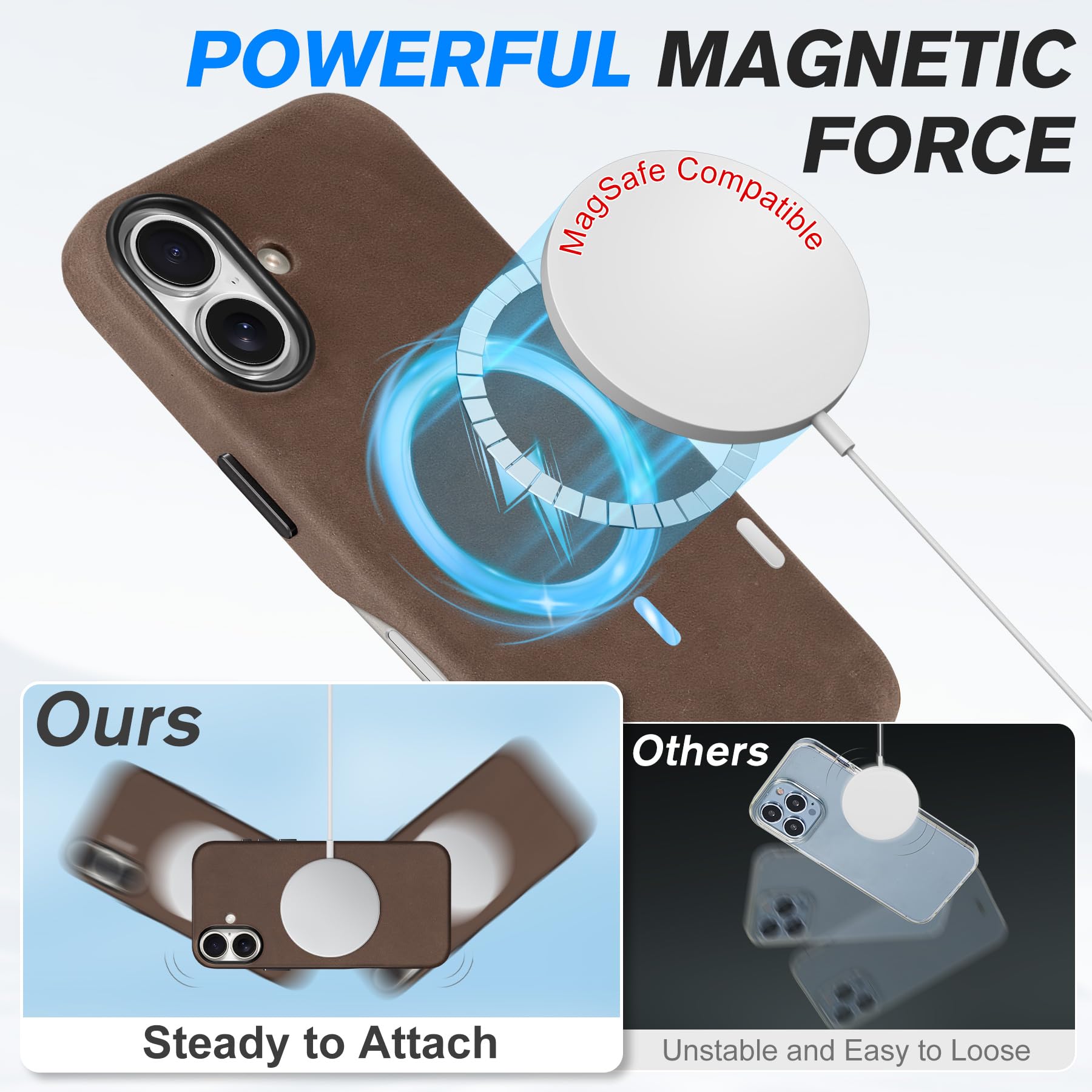 Shieldon Leather Case For Iphone 16, Top Grain Crazy Horse Leather Magnetic Wireless Charging Anti-Scratch Non-Slip Shock-Absorb