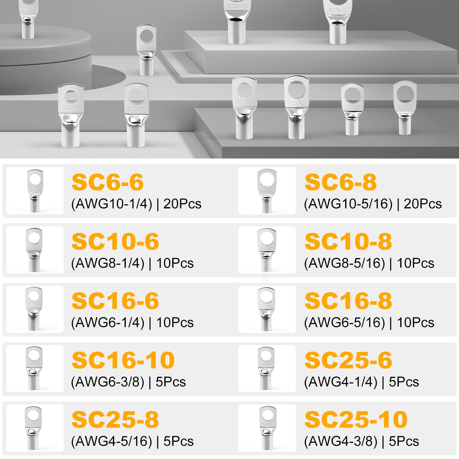 Zhushan 100Pcs Tinned Copper Wire Lugs Kit, Heavy Duty Wire Battery Lugs Cable With 120Pcs Heat Shrink Tube,Crimp Battery Cable
