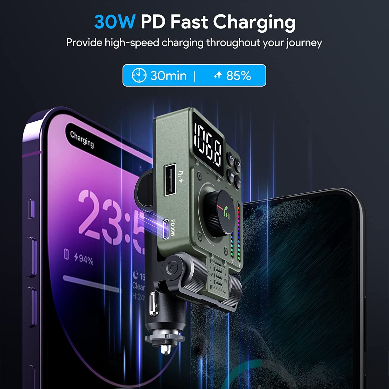 Lencent Fm Bluetooth 5.3 Transmitter For Car, Adjustable Treble And Bass Sound Music Player, Bluetooth Car Adapter For Hands Fre