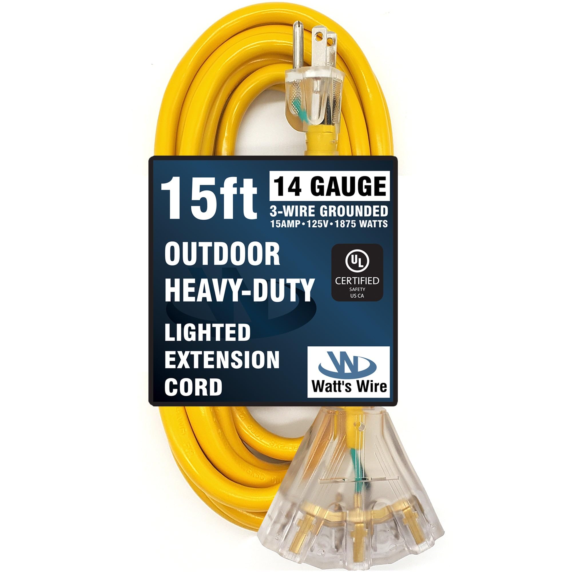 15 Ft   14 Gauge Heavy Duty 3 Outlet Lighted Sjtw Indoor/Outdoor Yellow Extension Cord By Watt'S Wire   15' 14 Gauge Grounded 15