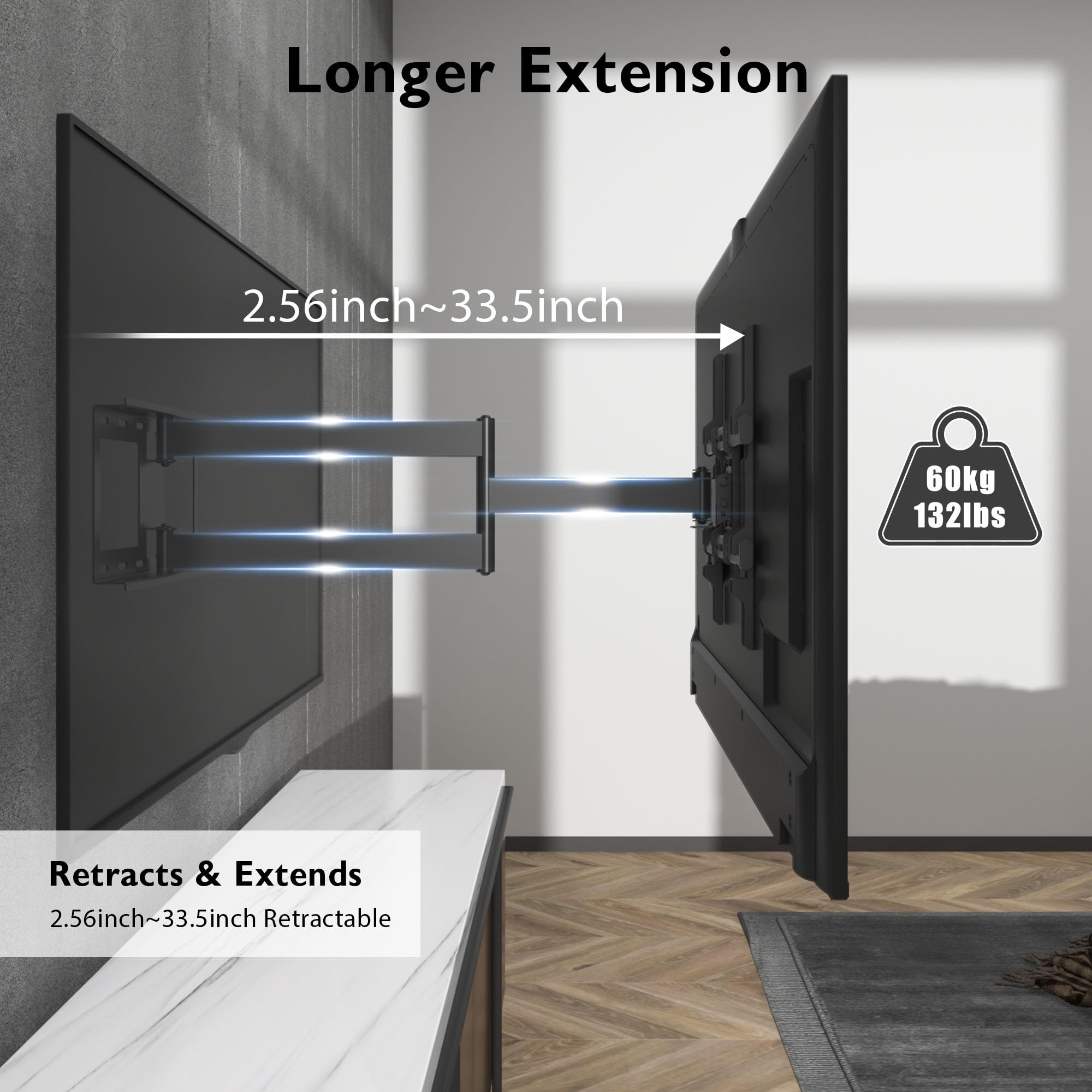 Bontec Tv Wall Mount With Extra Long Articulated Arm For 32 70 Inch Up To 132Lbs, Universal Long Reach Arm Tv Wall Mount With Ti