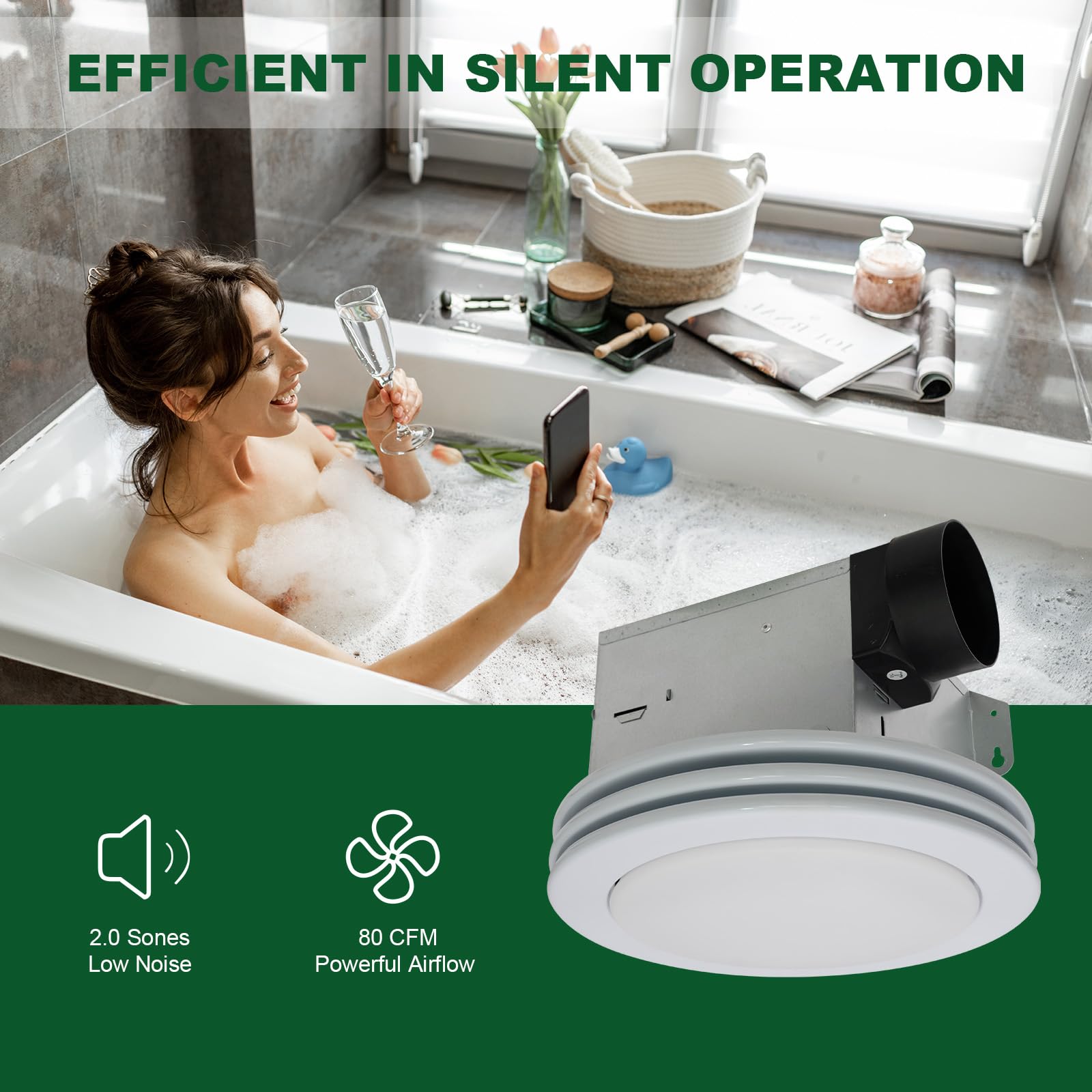 Akicon Bathroom Exhaust Fan With Dimmable Led Light   80Cfm, 2.0 Sones, Acrylic Light Cover For Medium Bathrooms (Stain White)