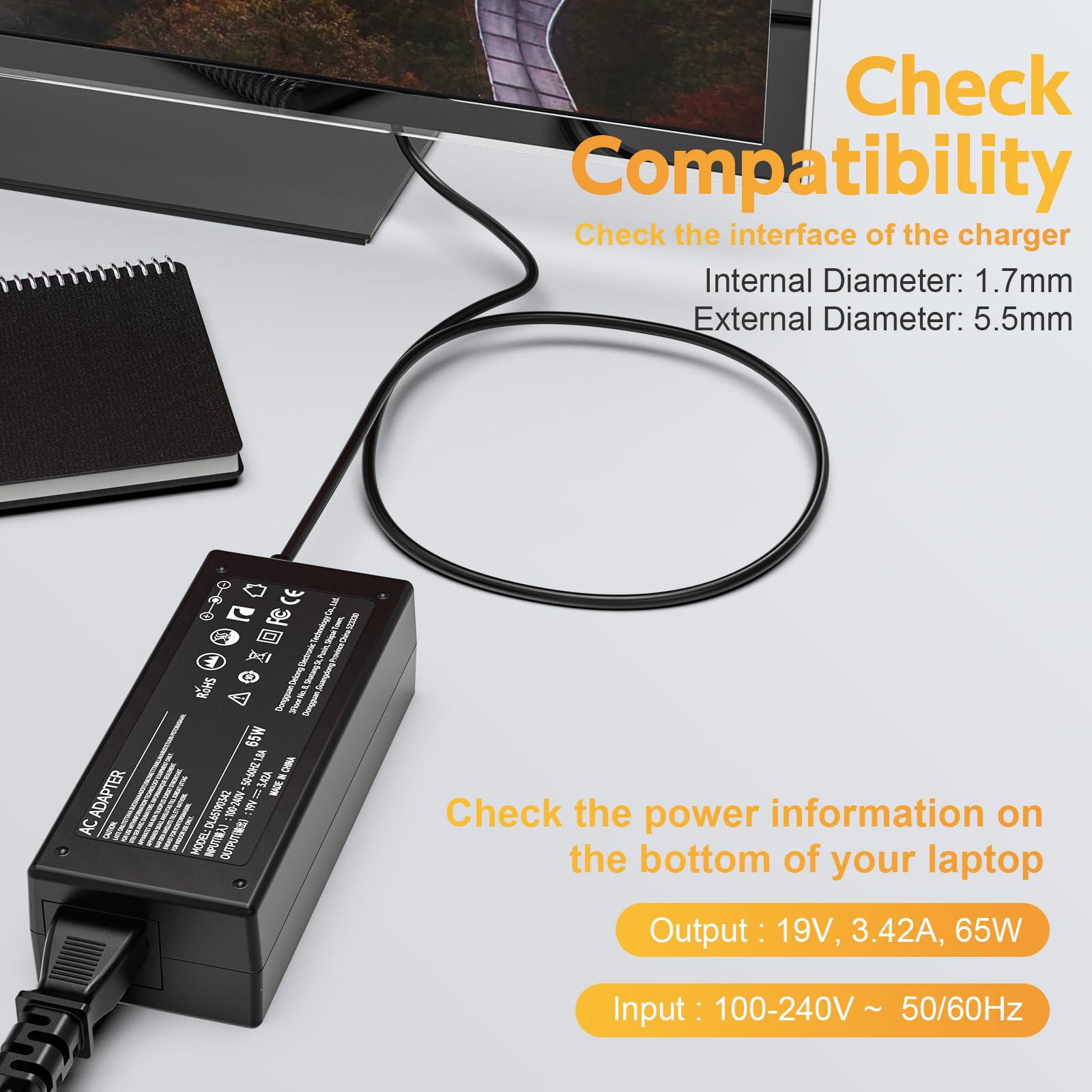 19V Power Cord For Acer Monitor S202Hl S271Hl Sb220Q R240Hy R221Q R271 S220Hql S230Hl S231Hl S232Hl S240Hl S241Hl; H226Hql H236Hl H276Hl G226Hql G236Hl G246Hl Gn246Hl Monitor Power Supply 65W