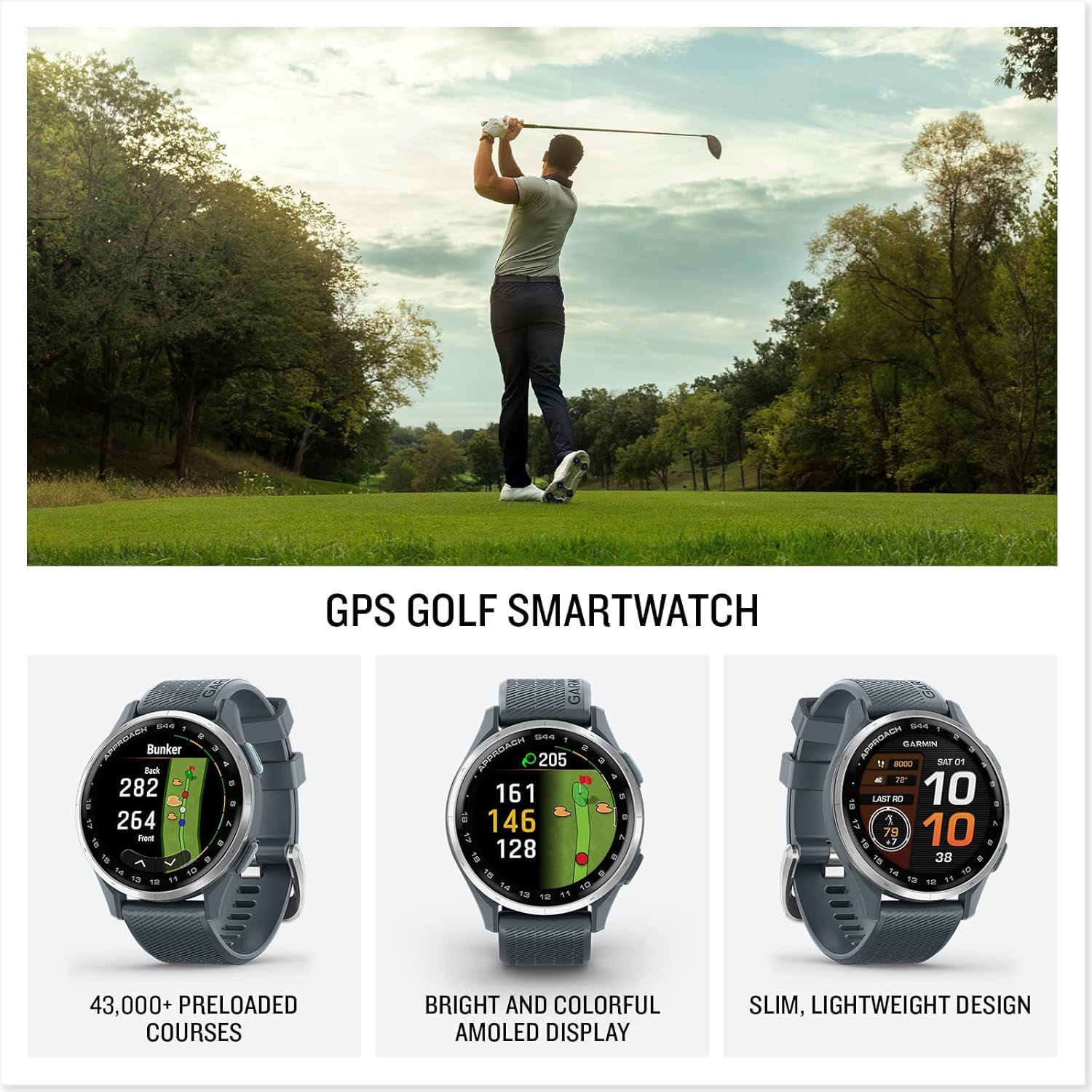 Garmin Approach S44 Essential Golf Watch With Gps, Amoled Display, Sports And Fitness Smartwatch, Silver Aluminum Bezel With Twi