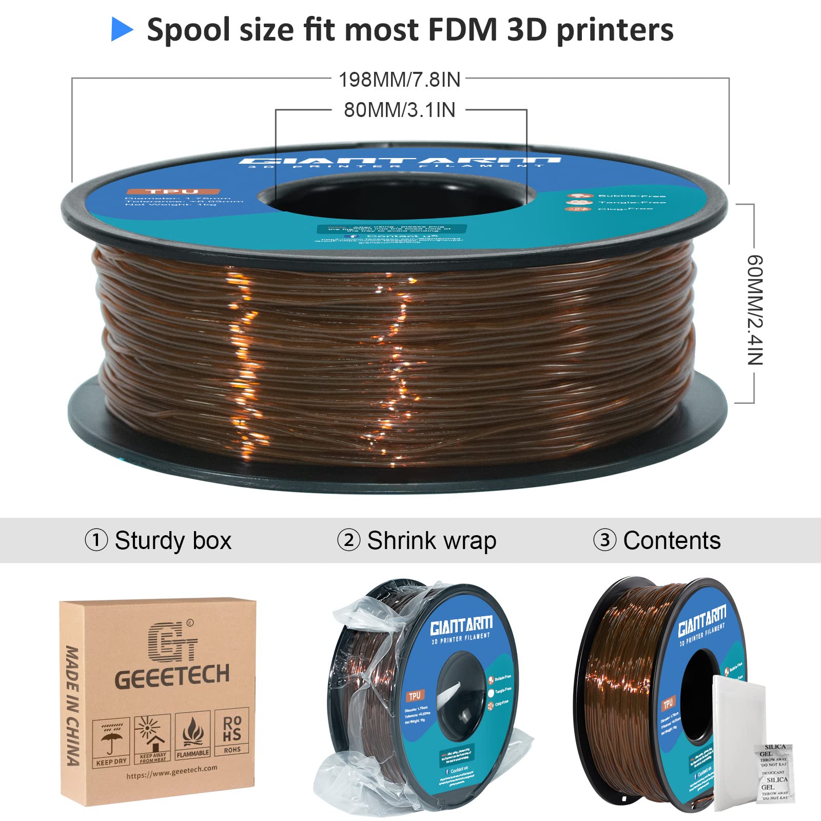 Giantarm Tpu Filament 1.75Mm Flexible Soft 3D Printer Consumables Brown,95A 1Kg Spool (2.2 Lbs.), Dimensional Accuracy +/  0.05