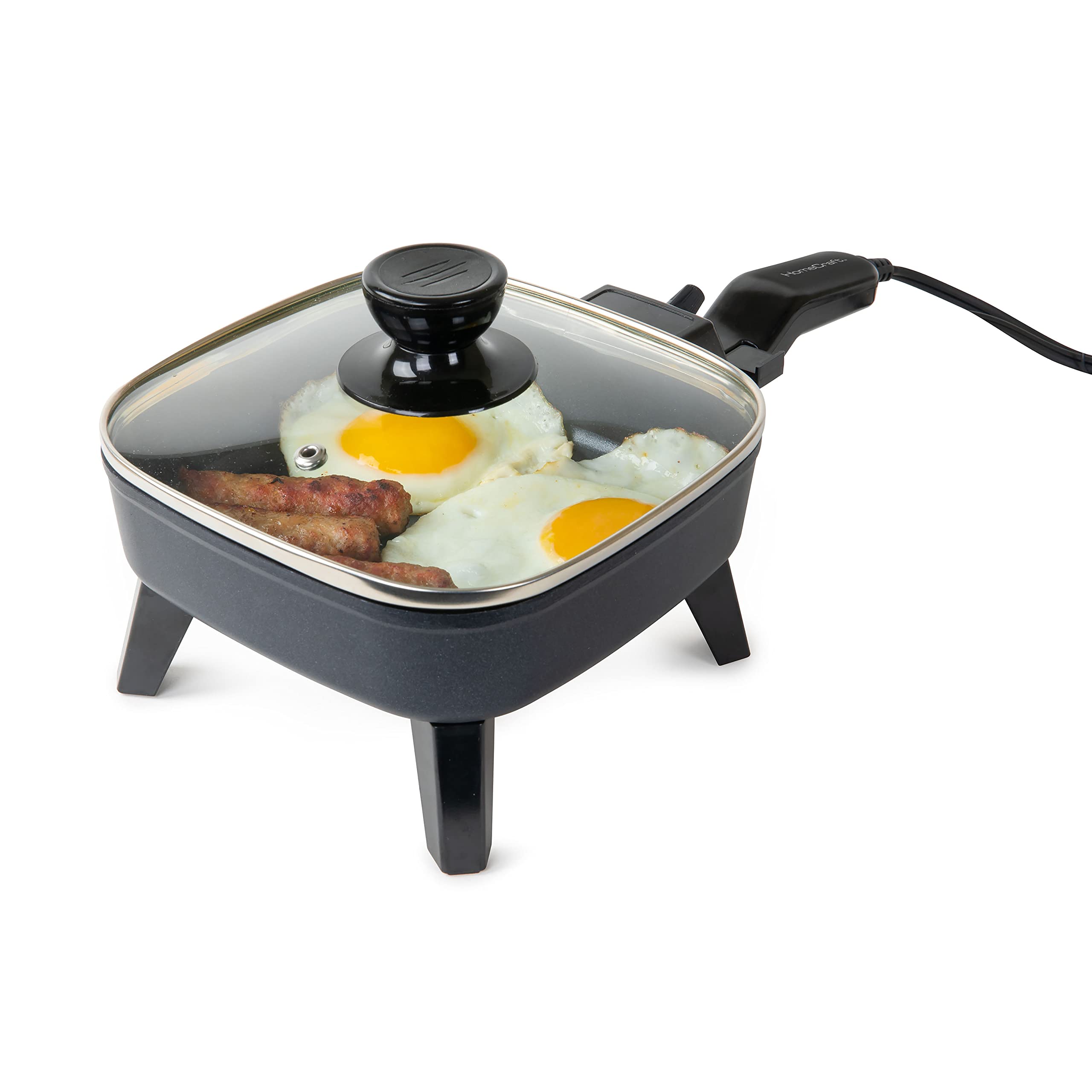 HomeCraft 7Inch Electric NonStick Skillet, Adjustable Temperature Control, CoolTouch Handle with Tempered Glass Lid, Perfect 