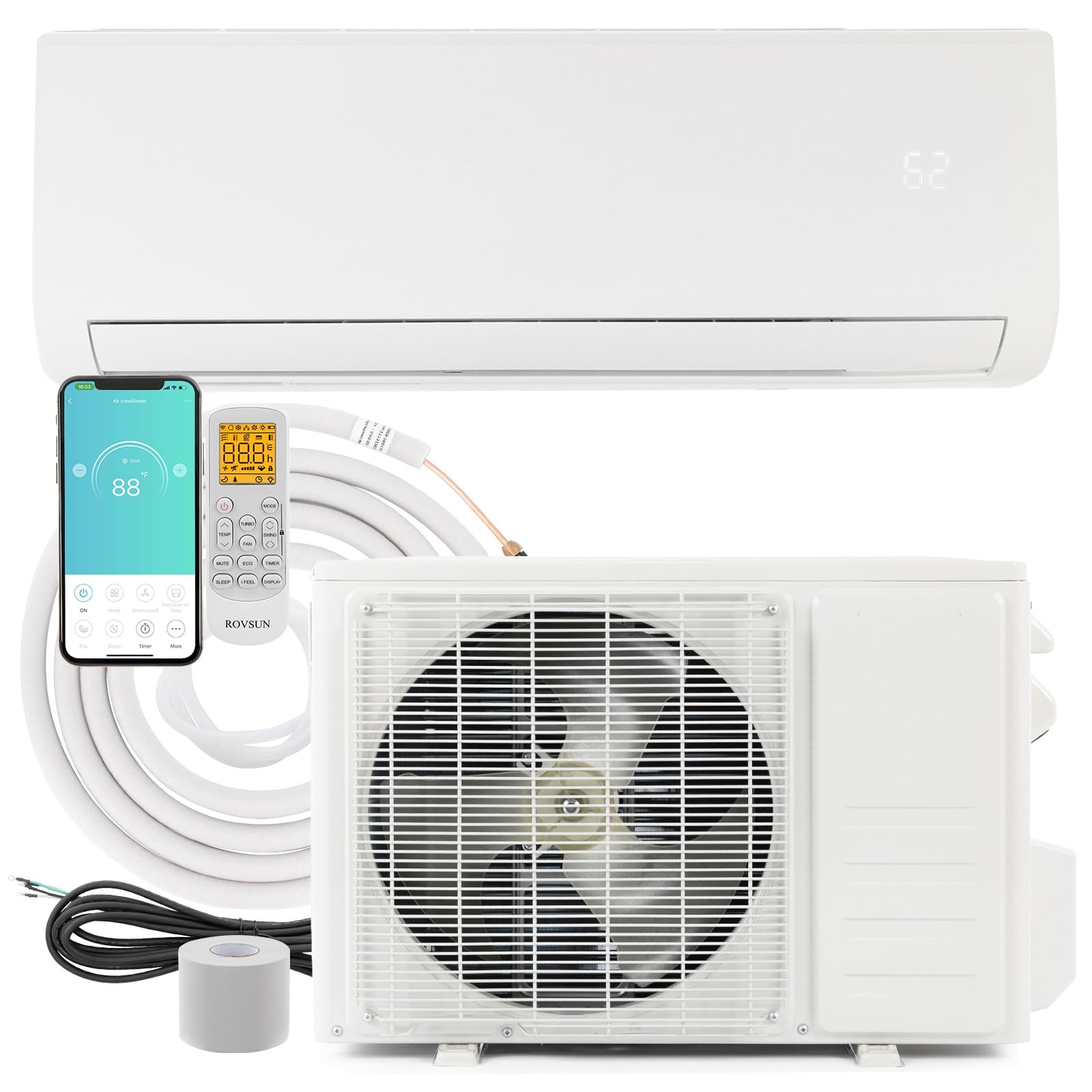 Bonnlo 18,000 Btu Ductless Mini Split Acheating System, 230 V 19 Seer Split System Wall Air Conditioner Pre Charged Inverter Hea