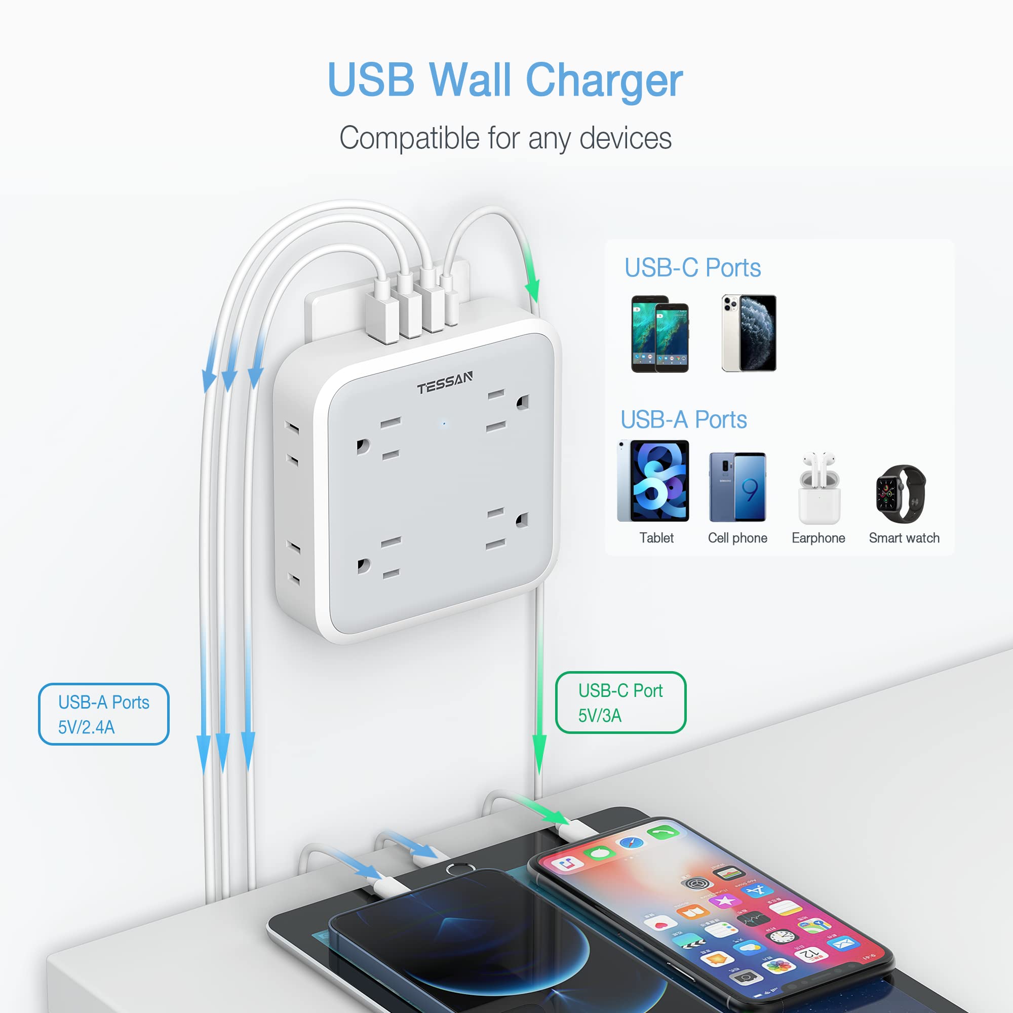 Usb Wall Charger, Surge Protector Outlet Extender, Tessan Outlet Splitter With Usb C Charger Block, 8 Ac Multiple Power Splitter
