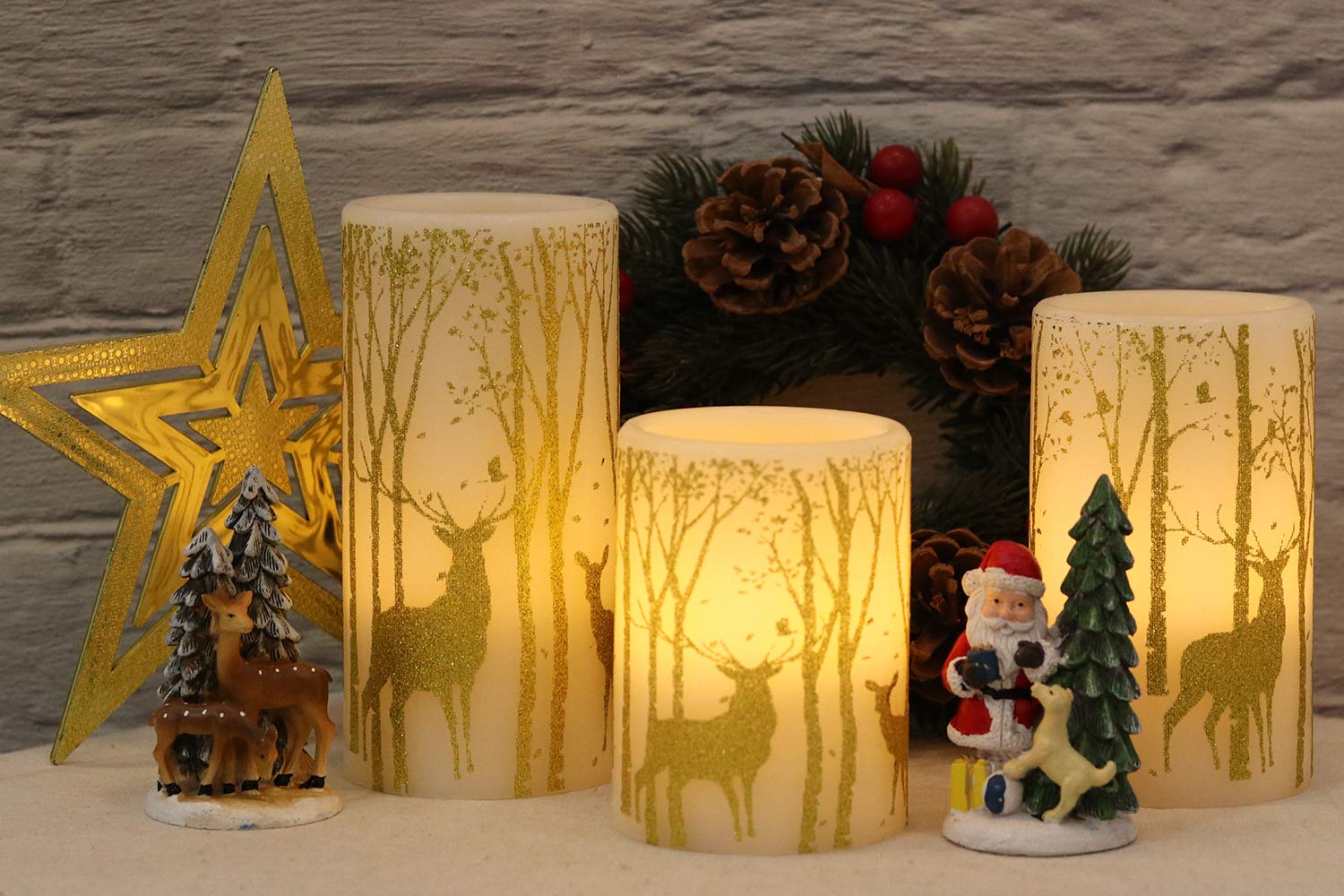 Genswin Flickering Flameless Candles Battery Operated With 6 Hours Timer, Real Wax Led Pillar Candles Deer Decal Warm Light, Pac