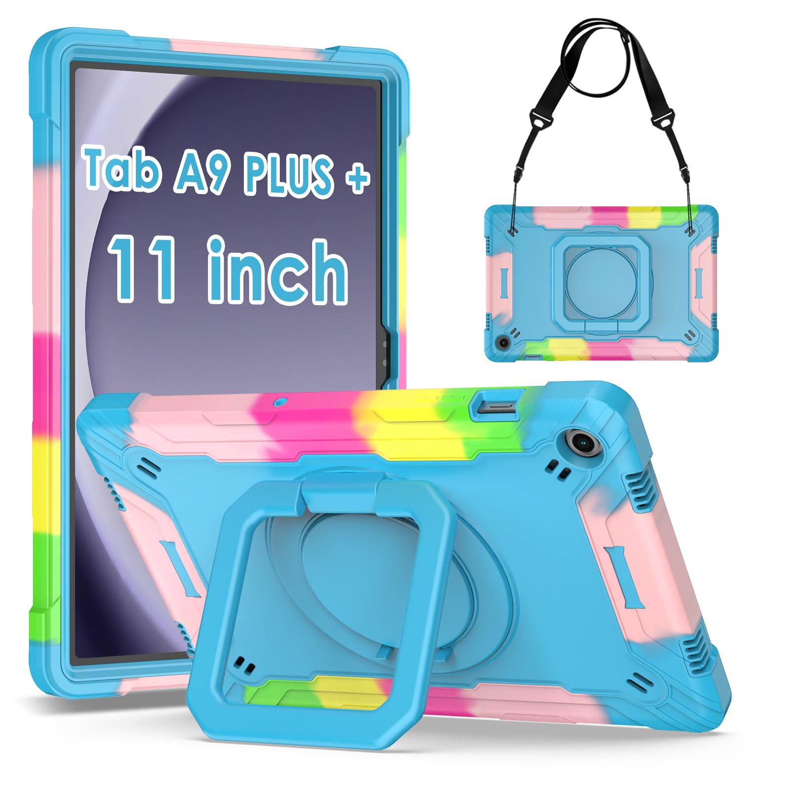 Detuosi Case For Samsung Galaxy Tab A9 Plus 11 Inch 2023, With 360Rotatable Stand & Shoulder Strap, Heavy Duty Shockproof Case F