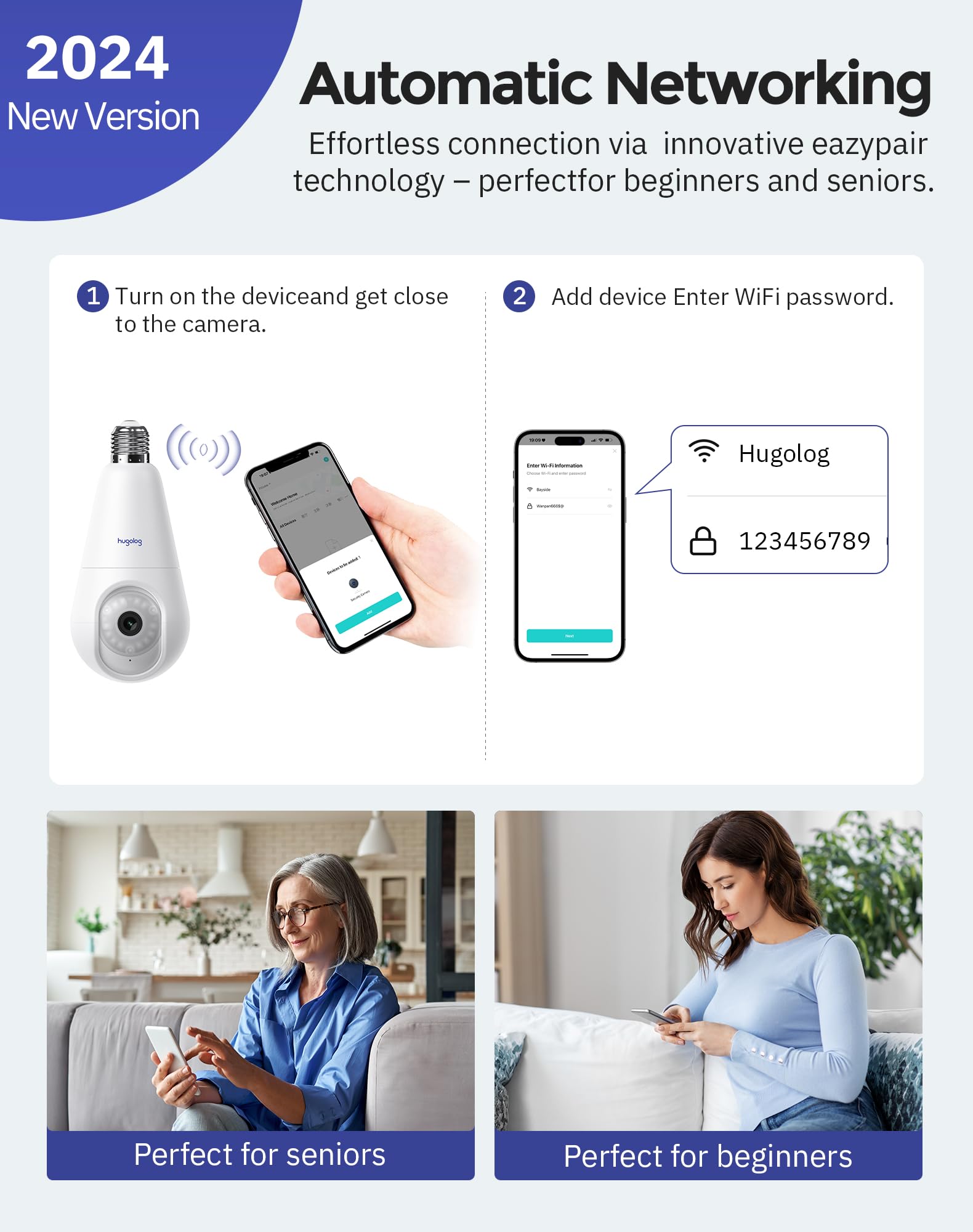 Hugolog 3K Light Bulb Security Cameras Wireless Outdoor 2.4Ghz Cameras For Home Security Indoor With Ai Sound Processing, Motion