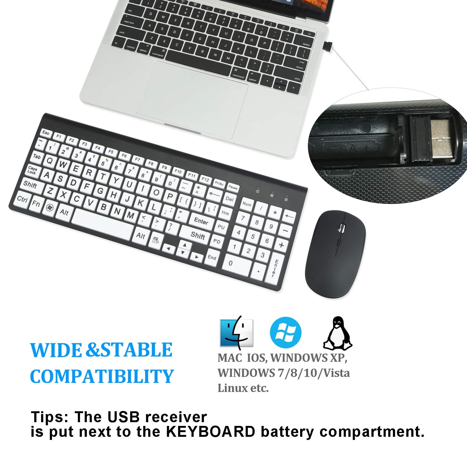 Full Size Large Print 2.4G Wireless Keyboard And Mouse With Oversized Print For Kids Visually Impaired Low Vision Individuals (B