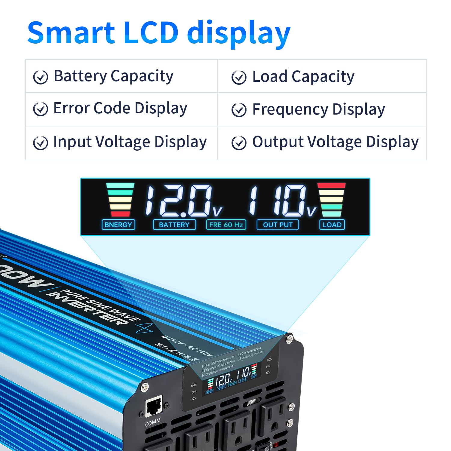 5000W Pure Sine Wave Inverter Dc 12V To Ac 110V/120V Converter 10000W (Peak) With Lcd Display Wireless/Wired Remote Control 4Ac