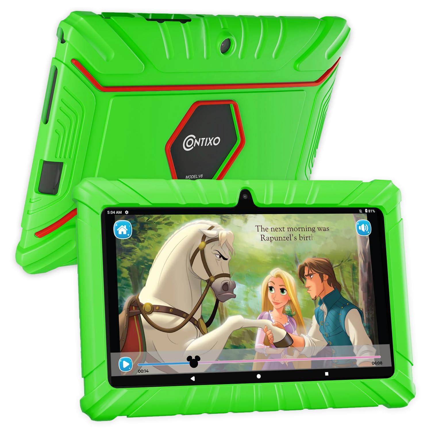 Contixo Kids Tablet V8, 7 Inch Hd, Ages 3 7, Toddler Tablet With Camera, Parental Control   Android 11, 16Gb, Wifi, Learning Tablet For Kids, Green