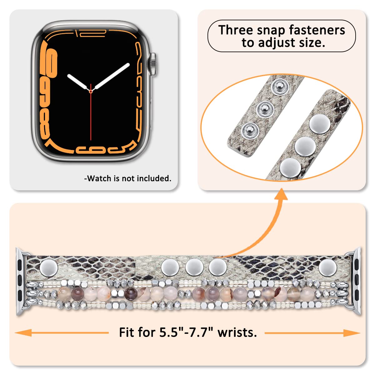 Fastgo Bracelet Band Leather Compatible With Apple Watch 42Mm 44Mm 45Mm 49Mm Series6 , Snakeskin Elastic Beaded Animal Print Str