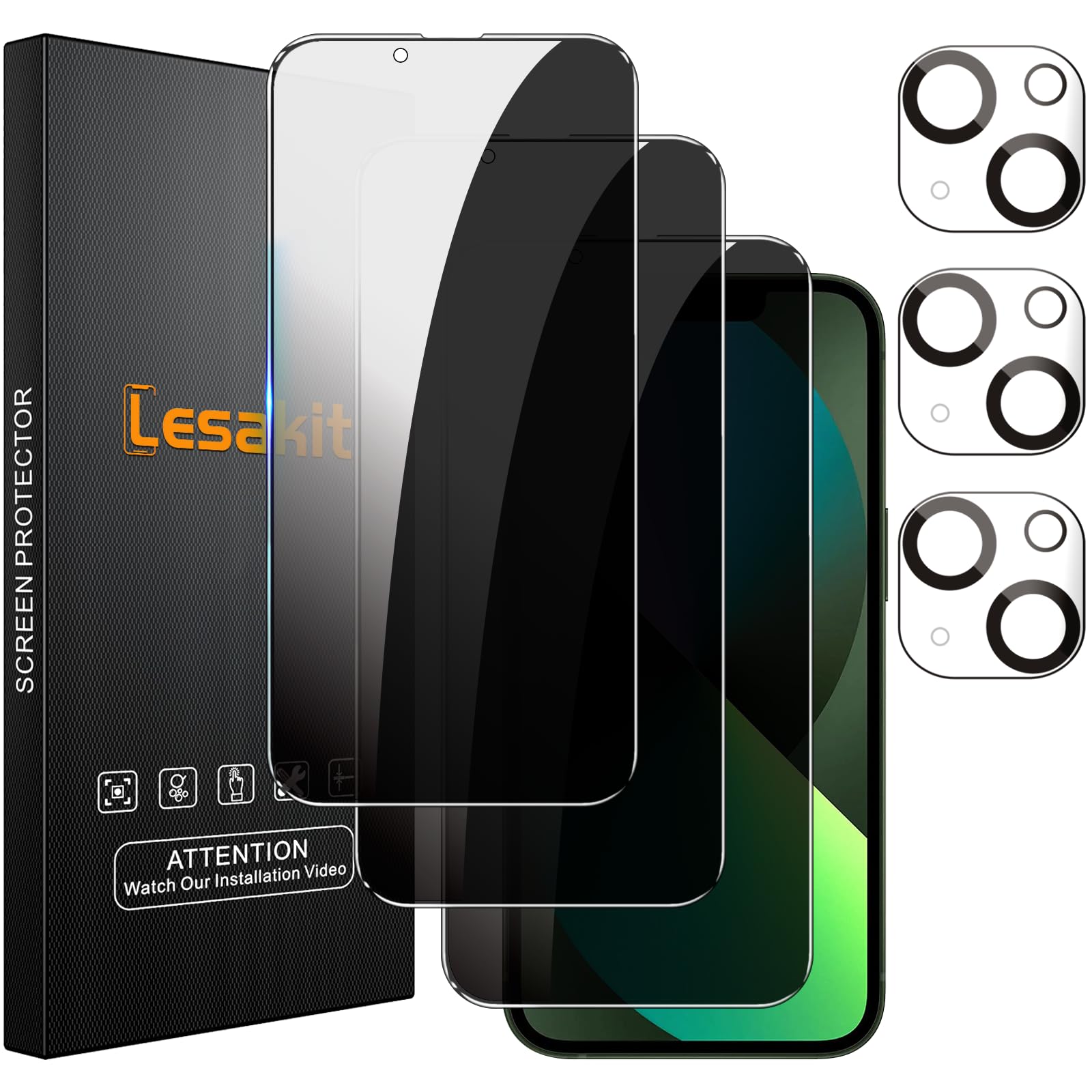 Lesakit 3+3 Pack Privacy Screen Protector For Iphone 13 6.1 Inch With 3 Pack Camera Lens Protector, Anti Spy Tempered Glass Film