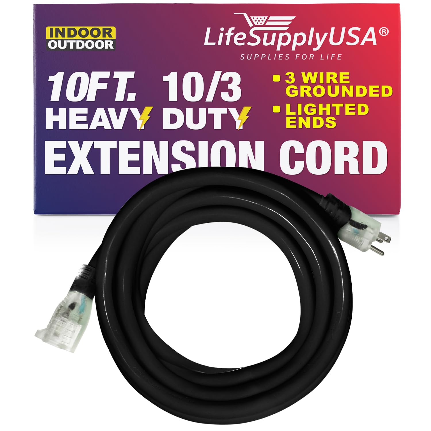 Lifesupplyusa Power Extension Cord   10 Ft Outdoor & Indoor Heavy Duty 10 Gauge/3 Prong Sjtw (Black) Lighted End Extra Durabilit