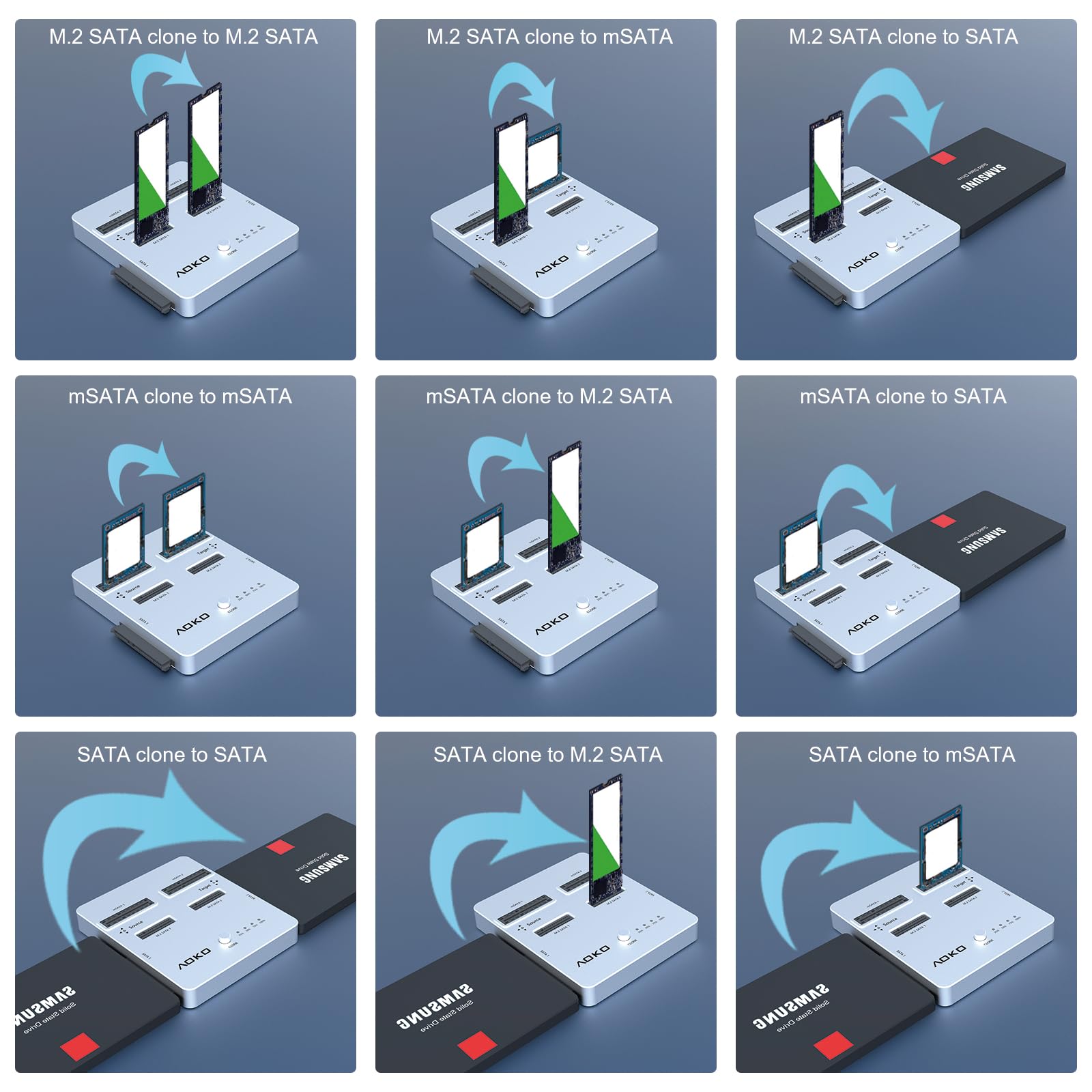 Aoko Dual Bay Hard Drive Docking Station For Sata 2.5/3.5 Ssd/Hdd And Msata Ssd & M.2 Sata Ssd With Offline Clone Function(Nvme