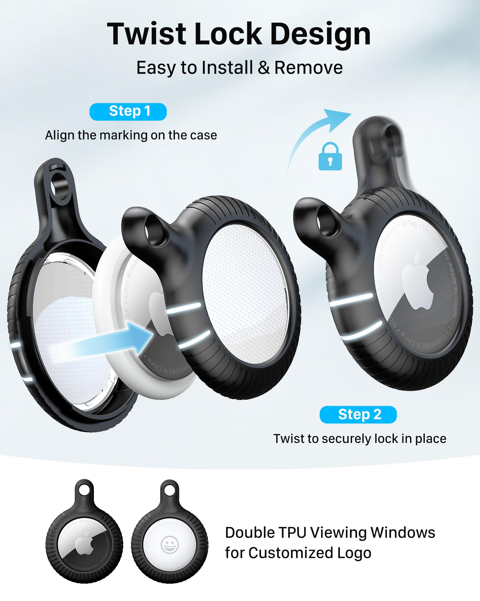 Yosh Air Tag Holder 4 Pack, Airtag Keychain Holder [Anti Scratch] [Pet Chew Proof] [Twist Lock Design] Airtag Case With Metal Key Chain Ring For Kids, Dog, Luggage, Compatible With Apple Airtag, Black