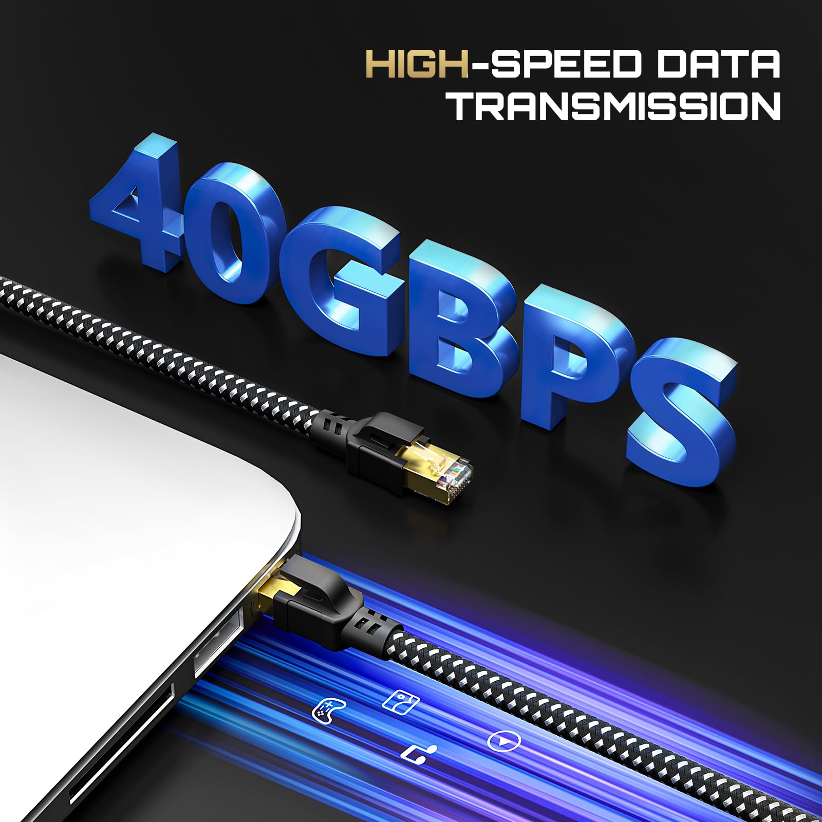 Busohe Cat 8 Ethernet Cable 65 Ft, High Speed 40Gbps 2000Mhz Braided Network Internet Cable With Gold Plated Rj45 Connector, Hea