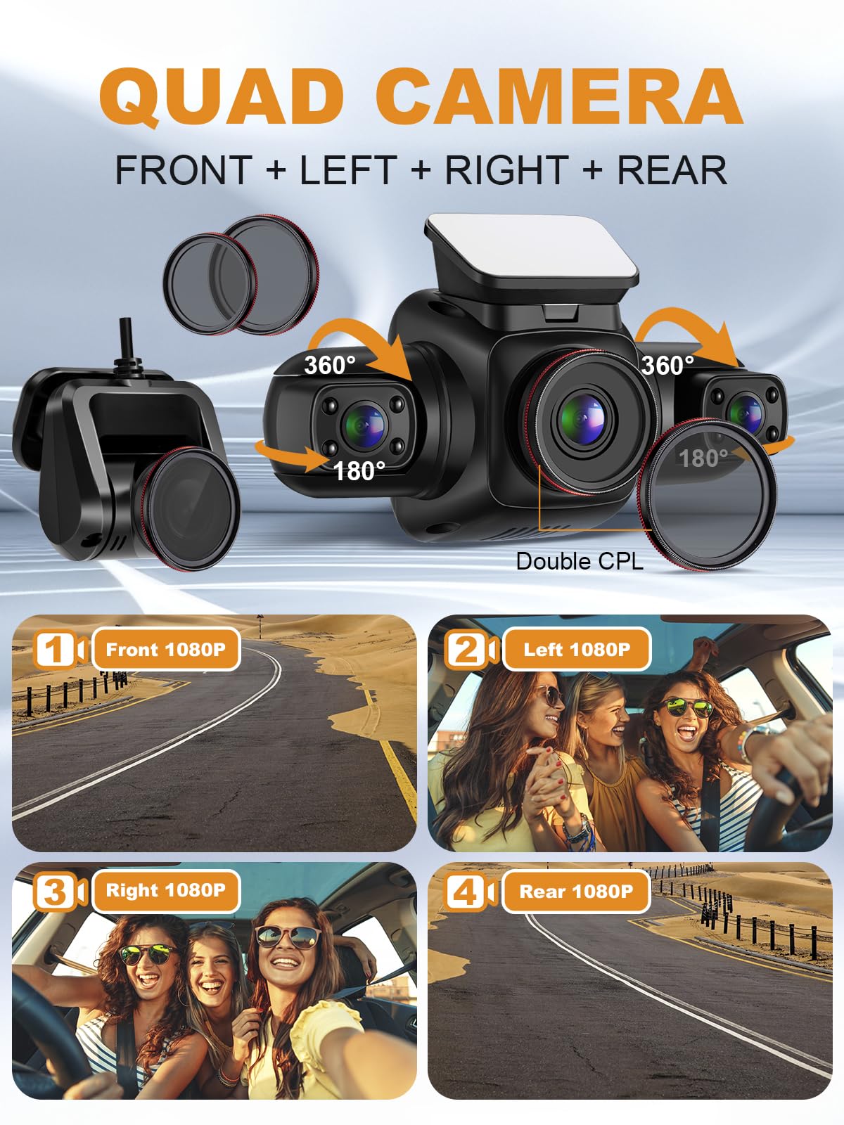 Pruveeo Dash Cam, 4 Channel Camera Fhd 1080Px4, Front Left Right And Rear, Front And Rear Inside, Built In Gps Wifi, Polarizing