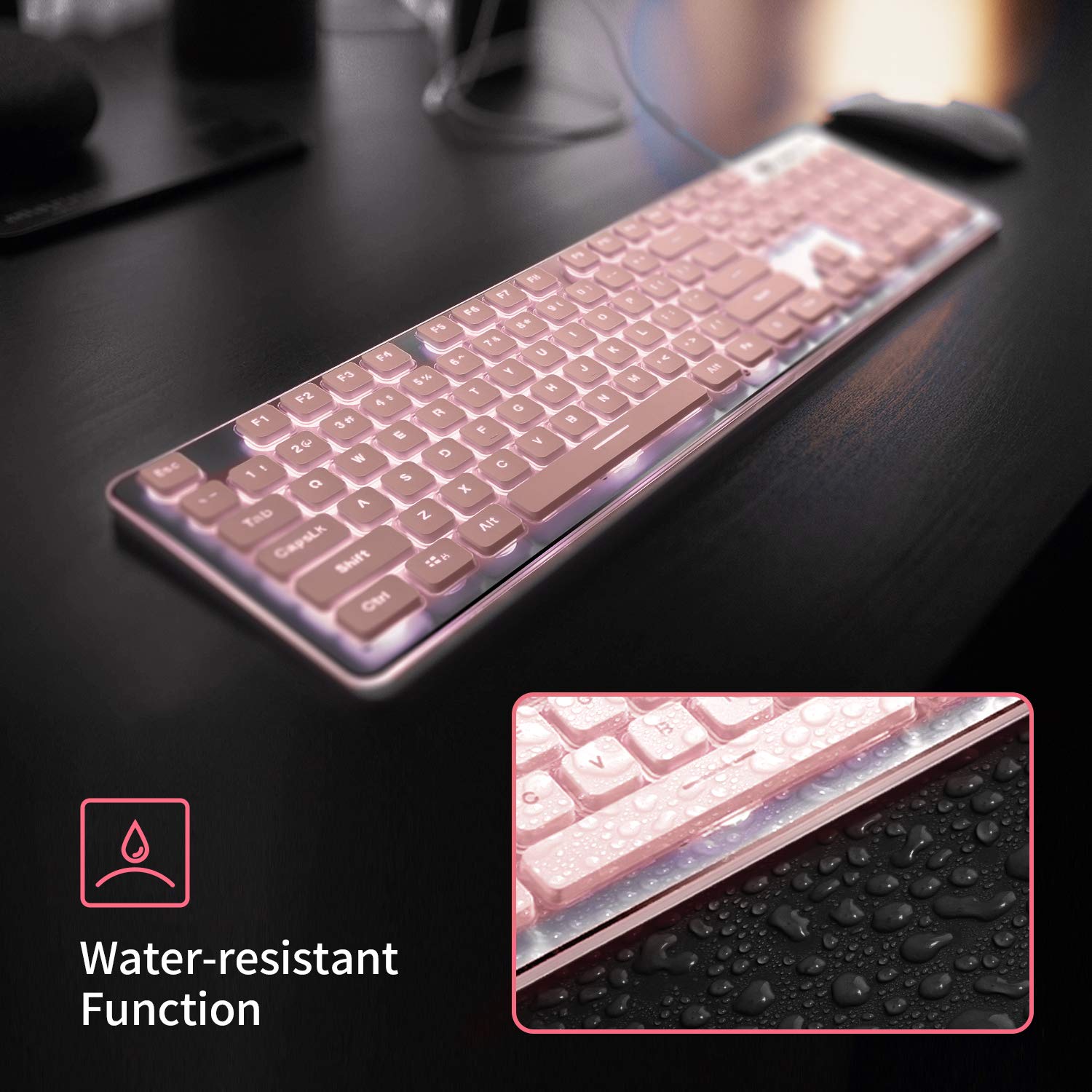 Langtu Computer Keyboard, Backlit Led Pink Keyboard For Office, All Metal Panel Usb Wired Membrane Keyboard, 25 Keys Anti Ghosti