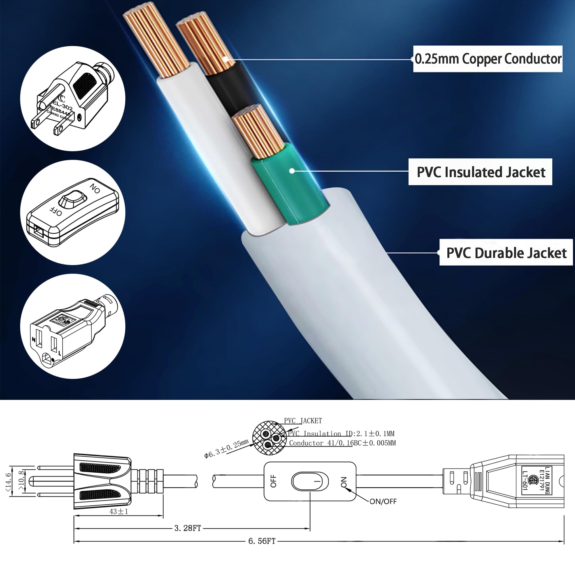 Long Extension Cord With Switch On/Off 3 Prong Grounded Plug Indoor Power Cord 6.56 Ft Insulated & Flame Retardant, Indoor Use,