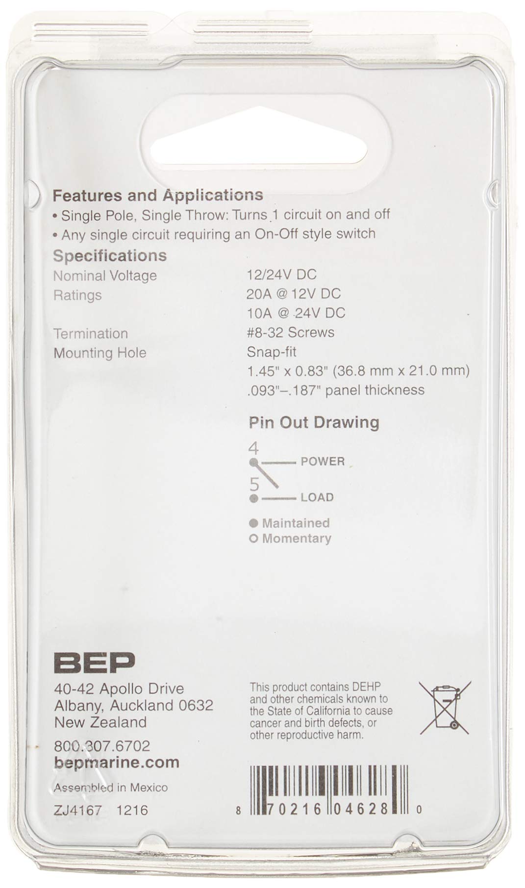 Bep 1001707 Spst Rocker Switch   Off/On