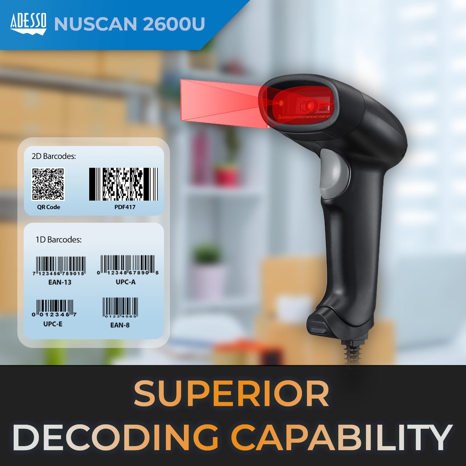 Adesso Nuscan 2600U 2D Barcode Scanner With Superior Scanning Performance - Usb & Serial Port Interface - Compatible With Variou