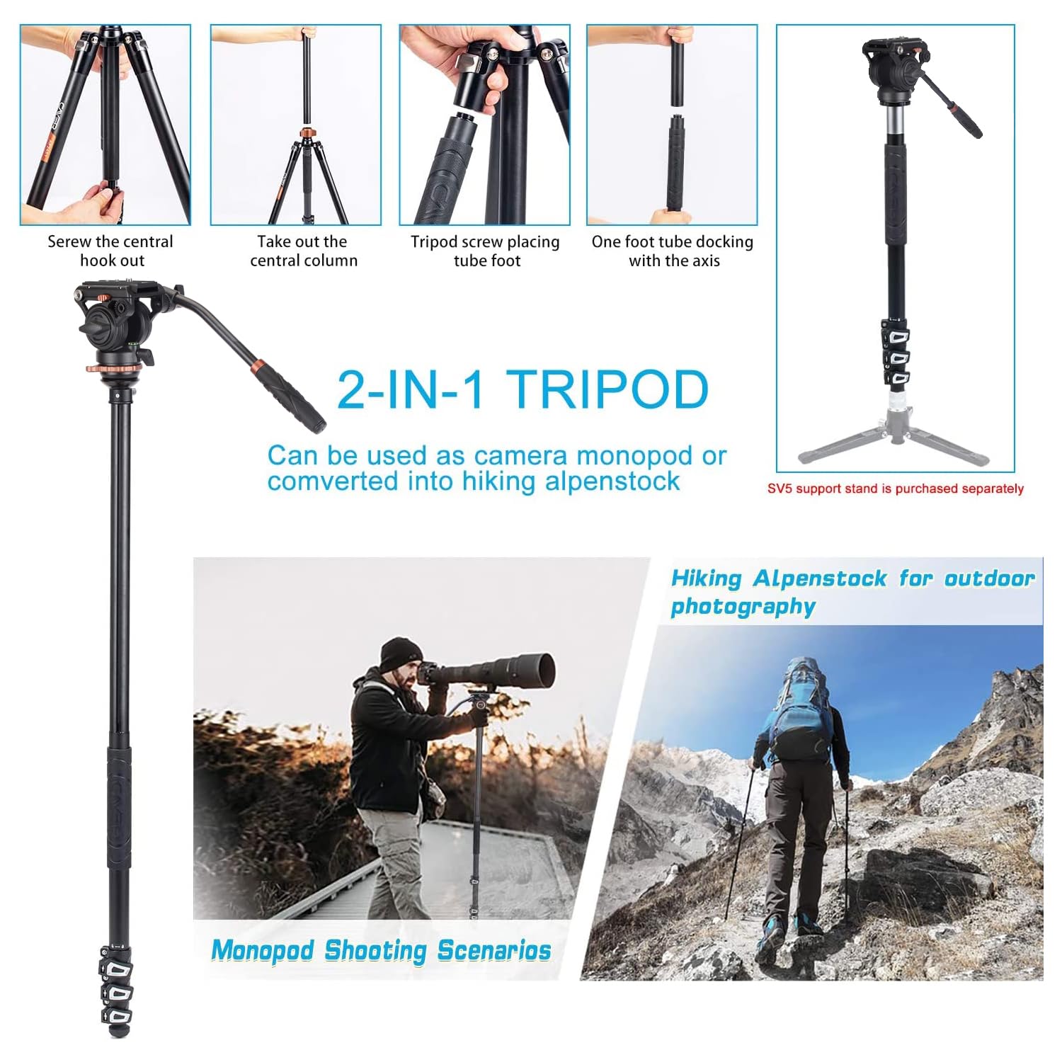 Cayer Af2451 Professional Video Camera Tripod, 67 Inches Aluminimum Tripod With Fluid Drag Head, Convertible To Monopod, Max Loa