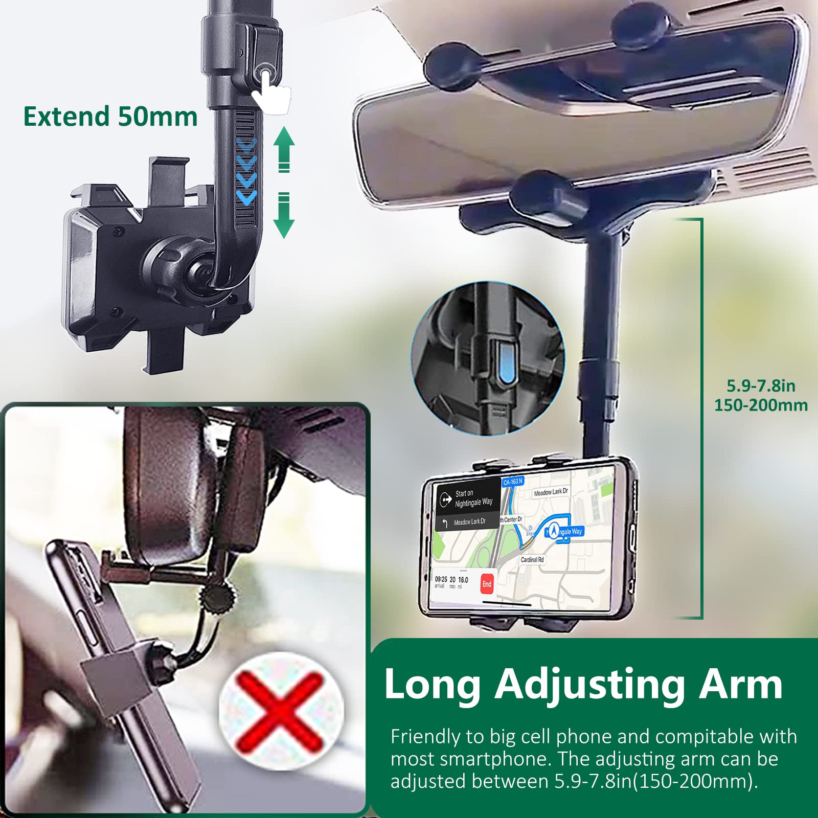 Pkyaa Rearview Mirror Phone Holder For Car, 360� Rotating Rear View Mount With Adjustable Arm Length, Multifunctional And Gps Universal Car All Smartphones