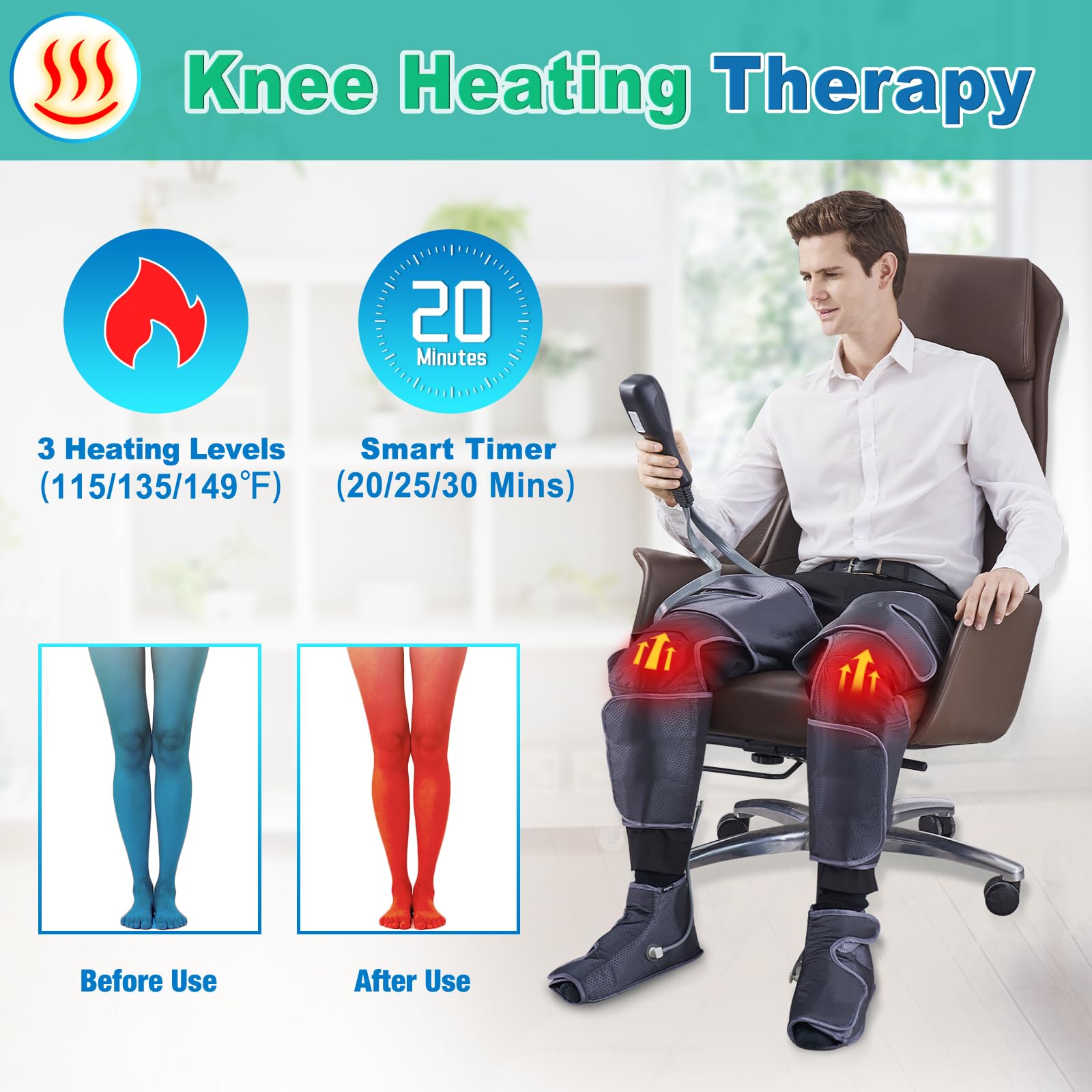 Leg Massager For Circulation And Pain Relief Fsa Hsa Eligible, Air Compression Foot Massager With 3 Heat Levels 4 Modes, 4 In 1