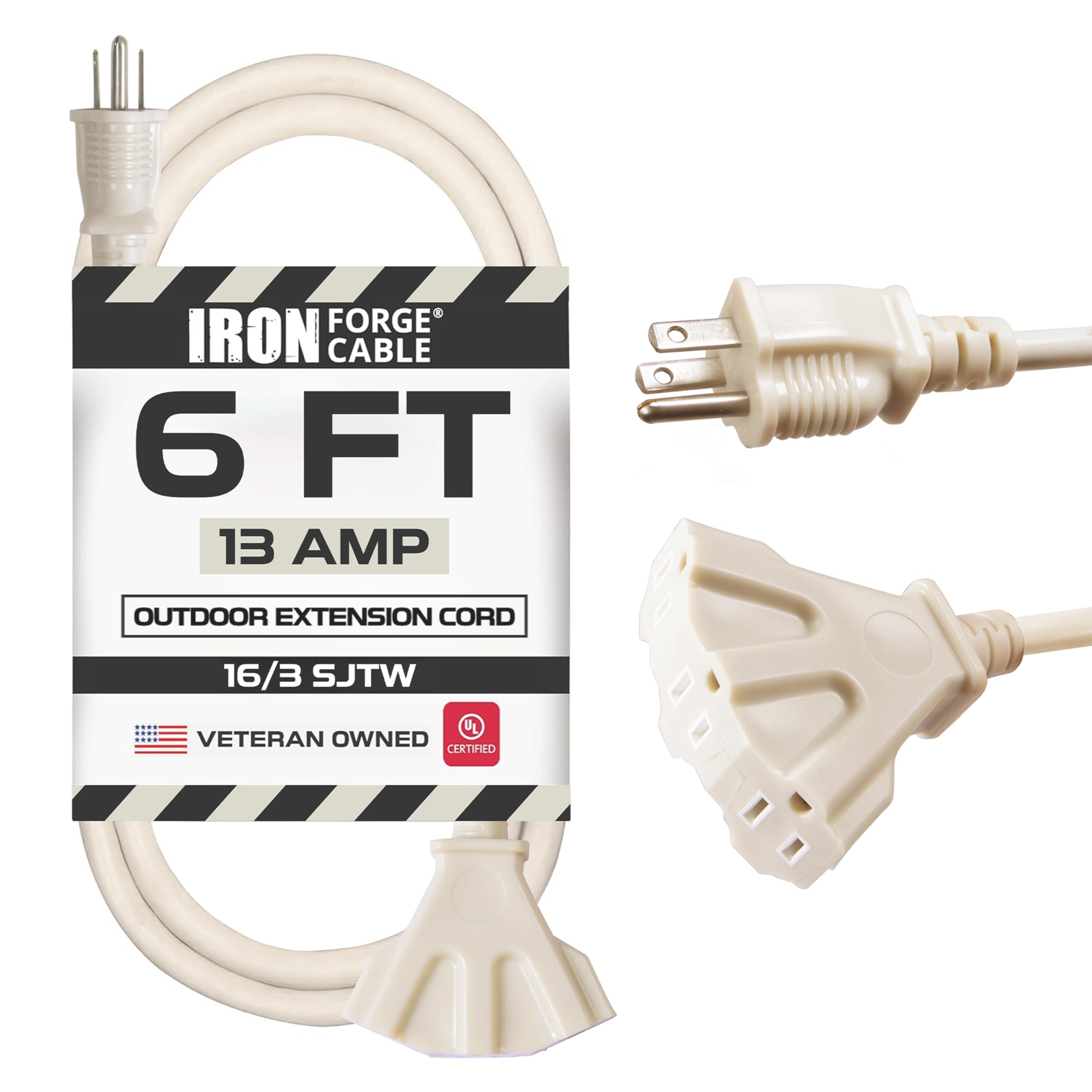 Iron Forge Cable 6 Ft Beige Outdoor Extension Cord With 3 Outlets   16/3 Sjtw 6Ft Extension Cord 3 Prong, 13 Amp All Weather Hea