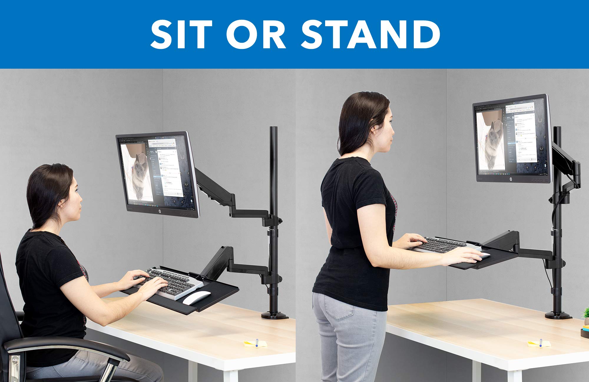 MOUNT IT! Sit Stand Monitor Desk Mount [Fits 32' Screens] Height Adjustable, Full Motion Articulating Arm with Keyboard Tray and Cable Management (Black)