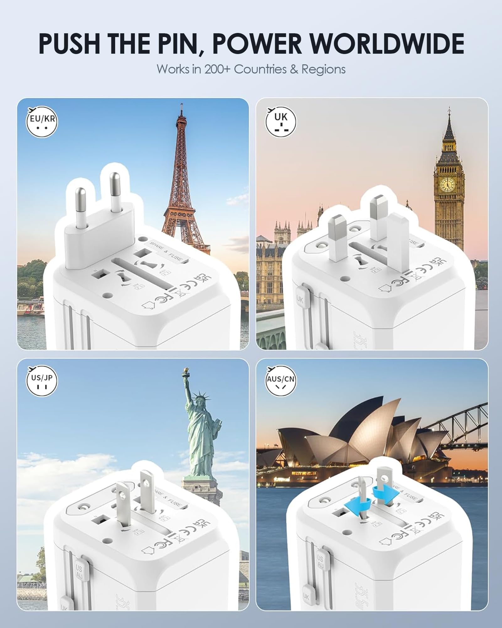 Epicka Universal Travel Adapter, International Plug Adapter With Dual Ac Outlet, 2 Usb-C 35W Pd Fast Charging & 3 Usb-A, All In