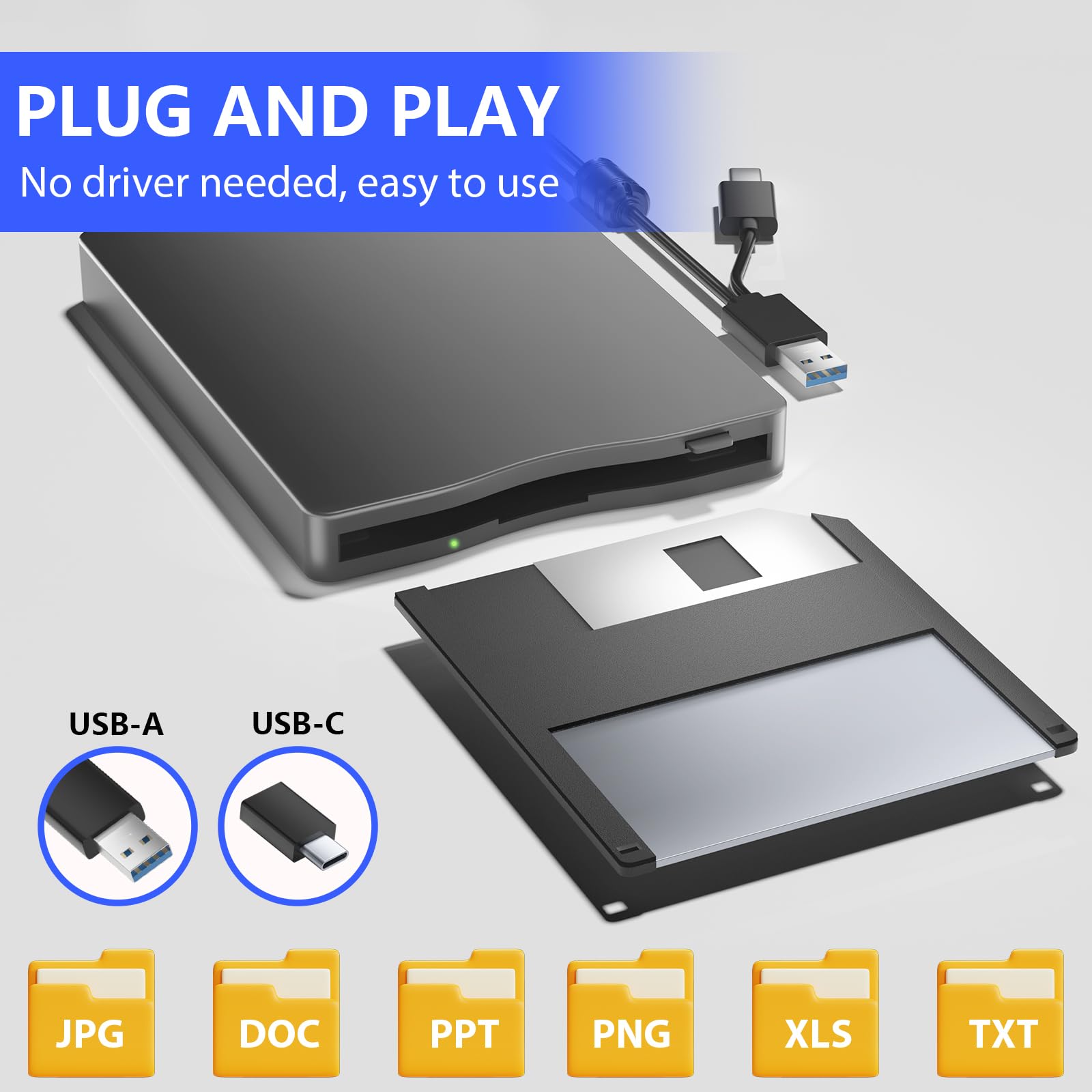 Wbacon External Floppy Disk Drive 3.5 inch USB Type-C Portable for PC Windows