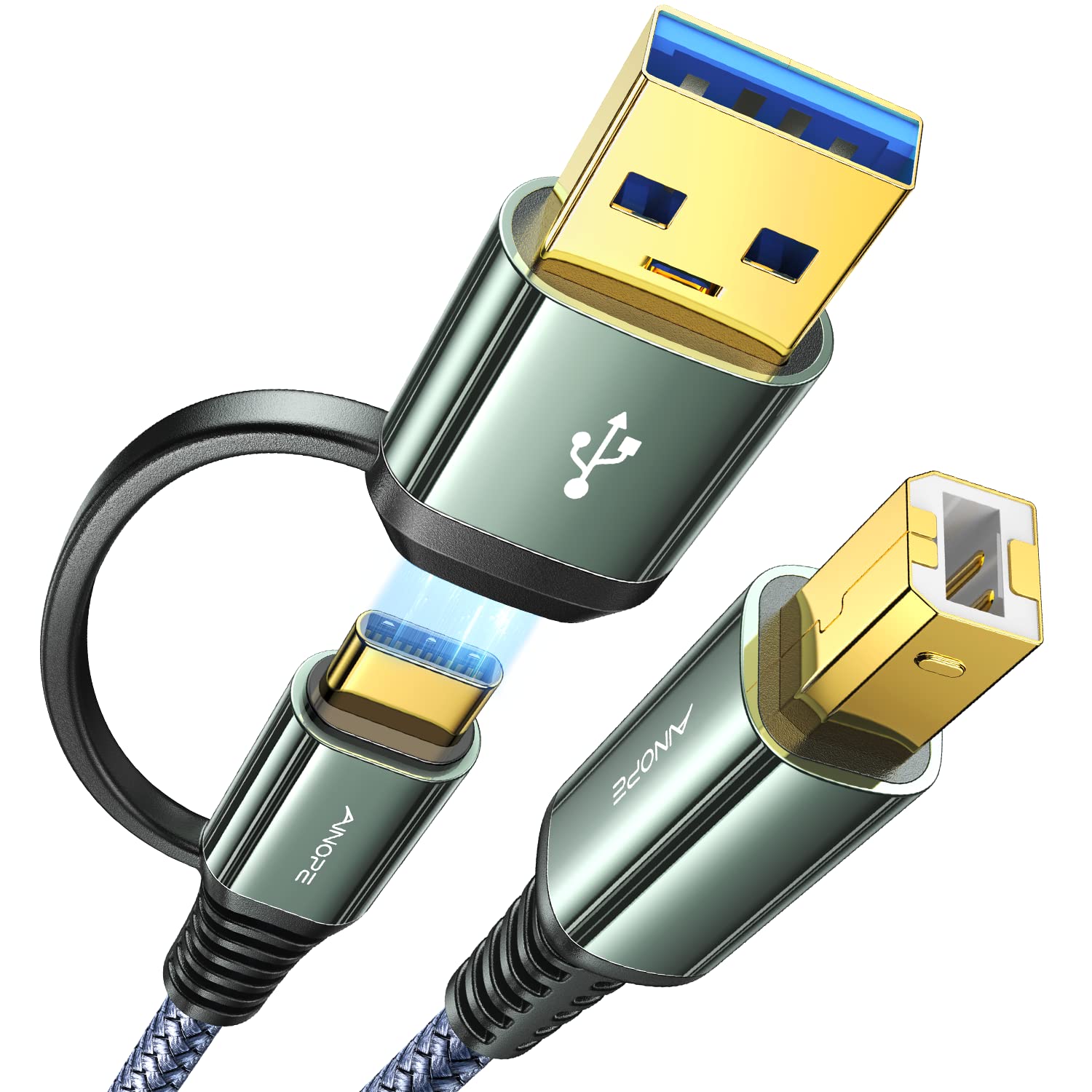 Ainope Printer Cable, 2 In 1 Usb Printer Cable High Speed 10Ft Nylon Braided [Never Rupture] Usb B To Usb C Printer Cord For Mac