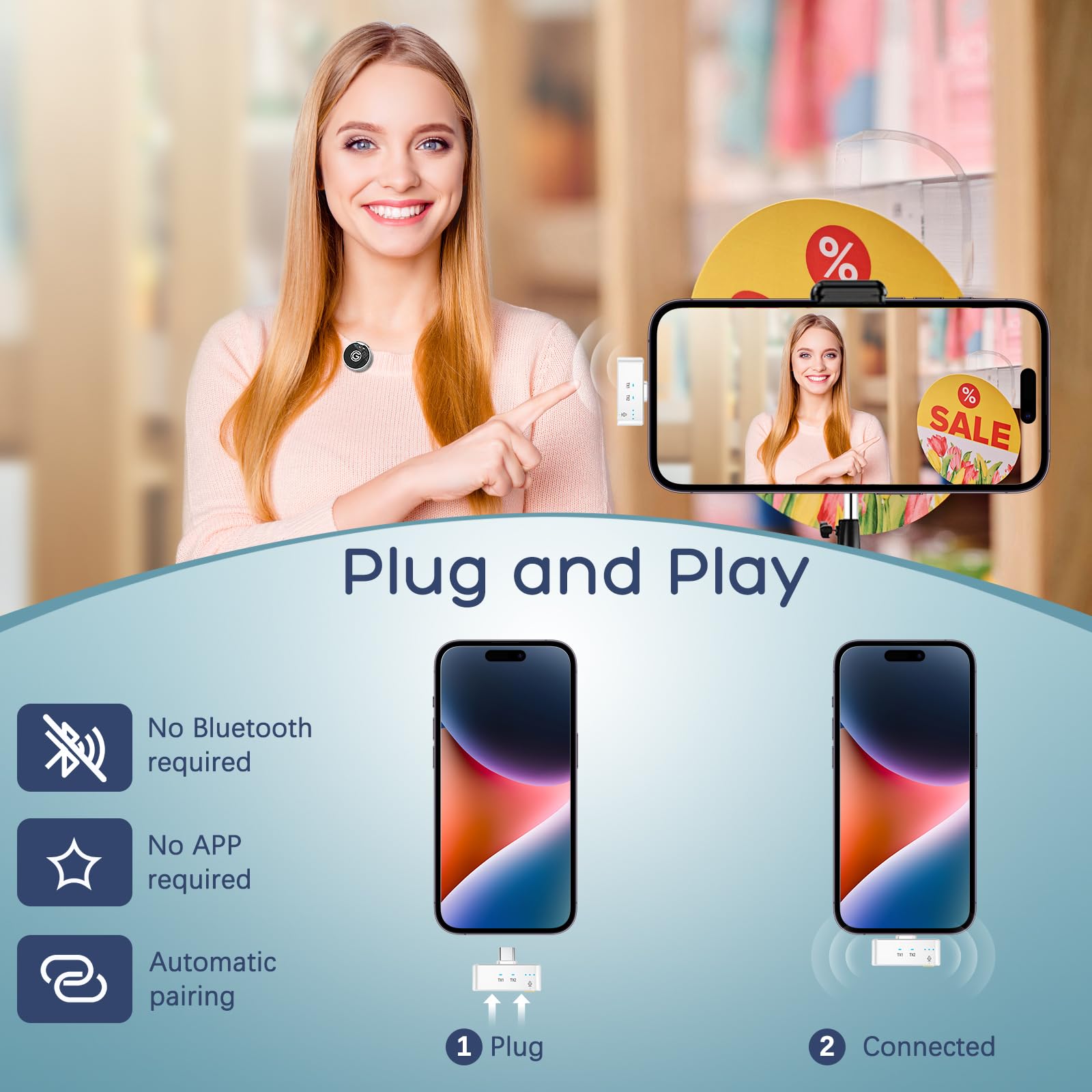 Gamiity Wireless Lavalier Microphone For Iphone 15 & Android, Usb C Mini Lapel Microphone Wireless, Noise Cancellation, Plug And