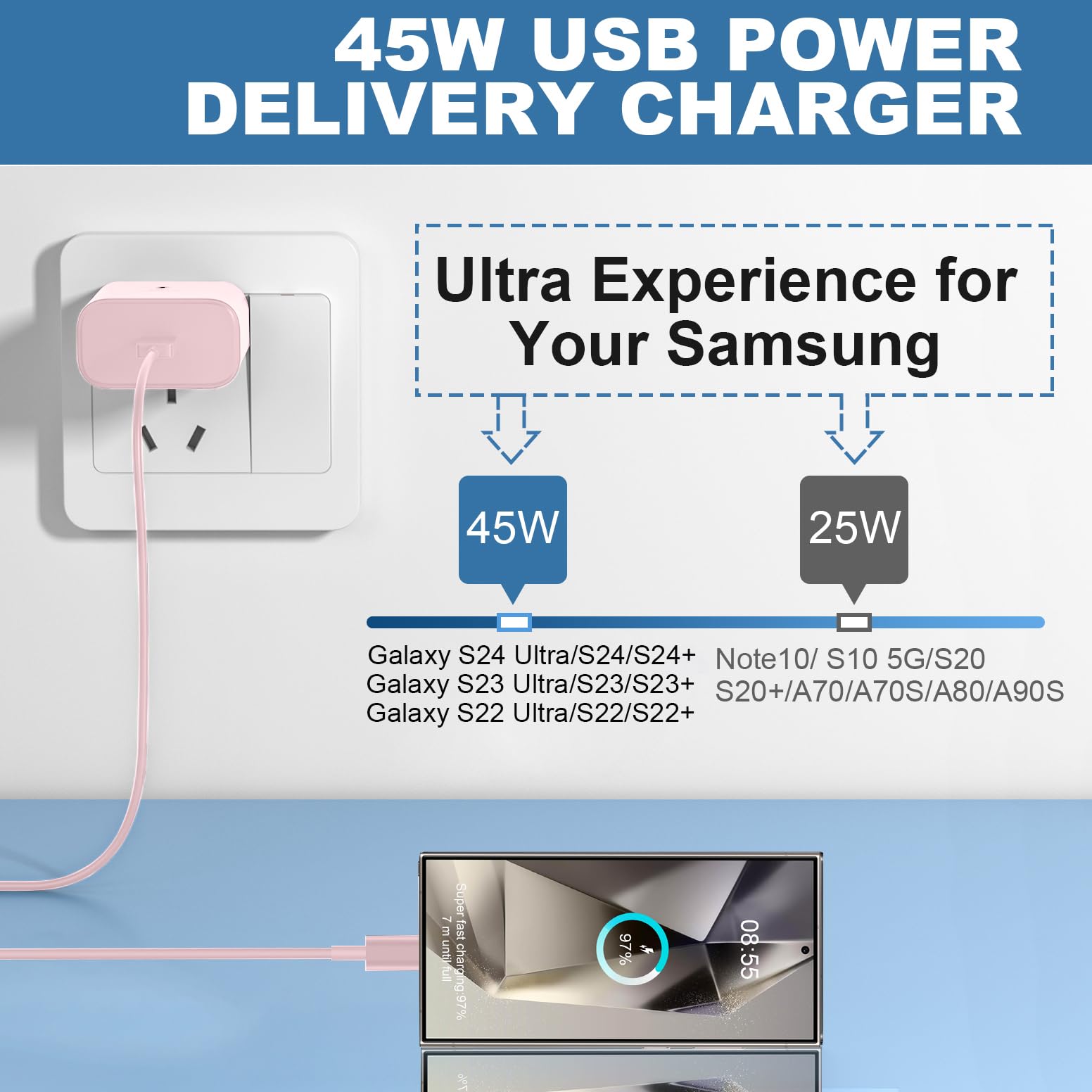 Auorld 45W USB-C Fast Charger with 10FT Cable - Pink Compatible with Samsung Galaxy S24/S23/S22/Note 10/20 & Galaxy Tab S8