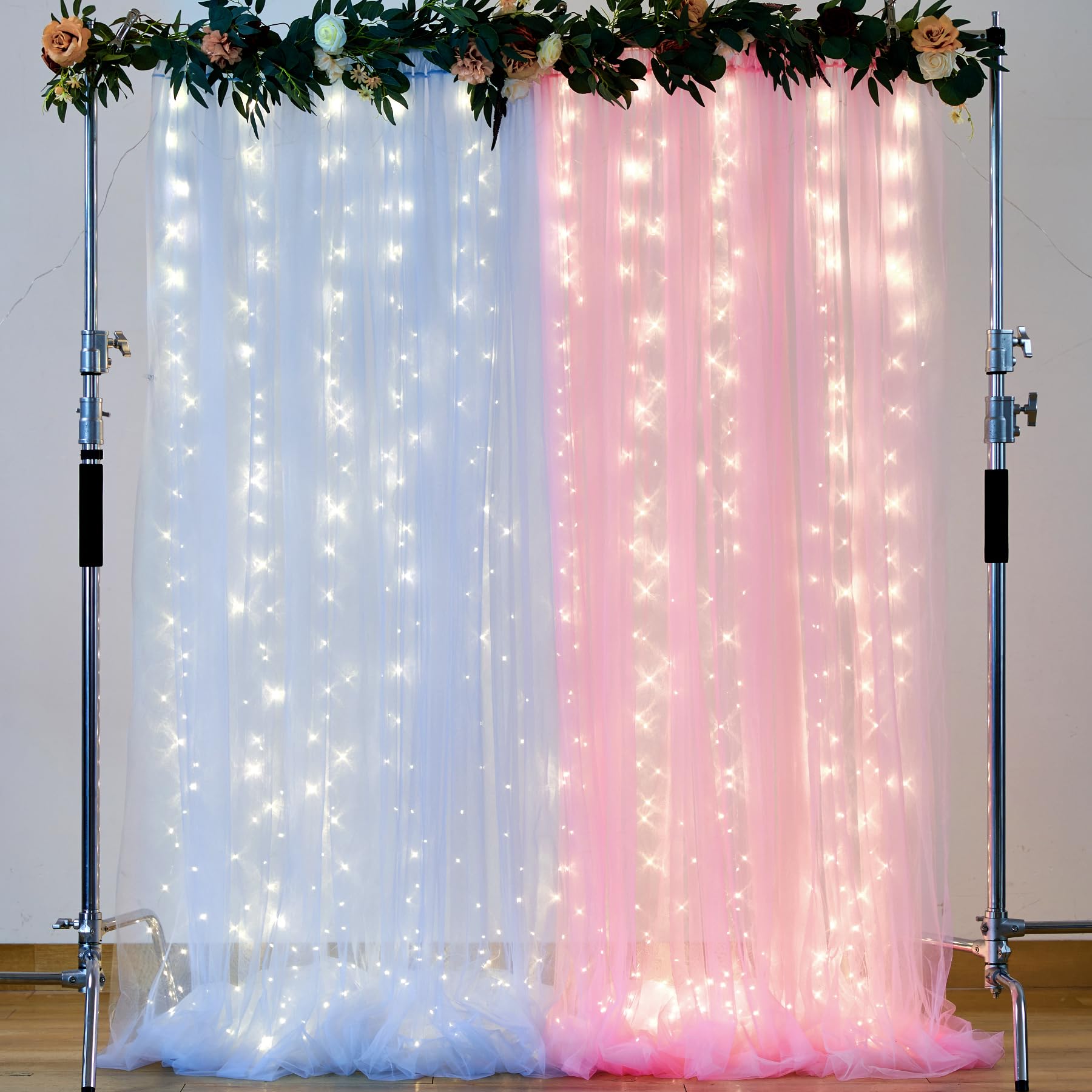 Pink And Blue Backdrop Curtains With Lights String For Baby Shower Sheer Tulle Backdrop Curtain For Gender Reveal Birthday Party