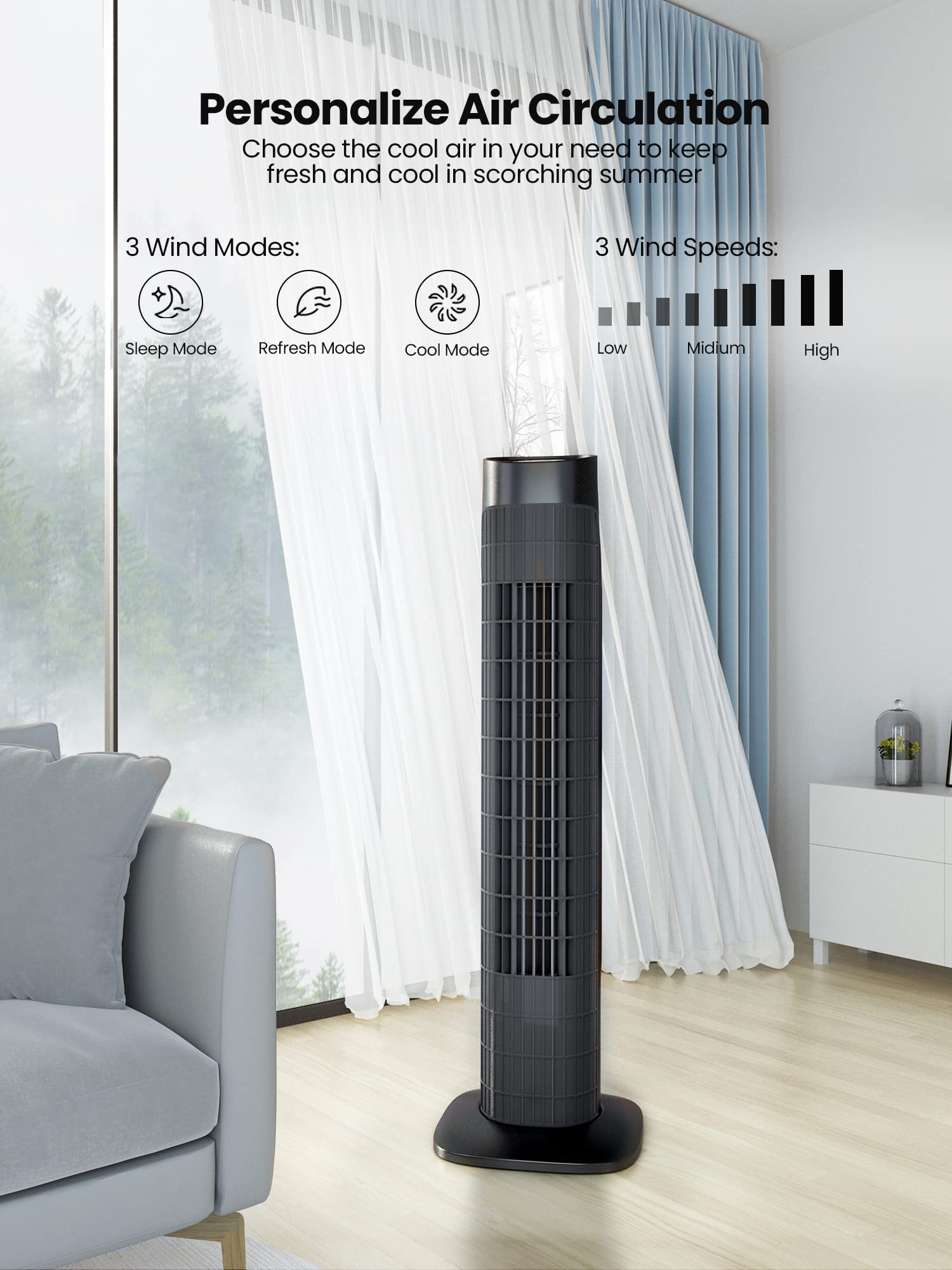 Uthfy Tower Fan For Bedroom,Fans That Blow Cold Air,80 Oscillating Fan With Remote,7.5H Timer,3 Speeds,Standing Fan Bladeless Fa