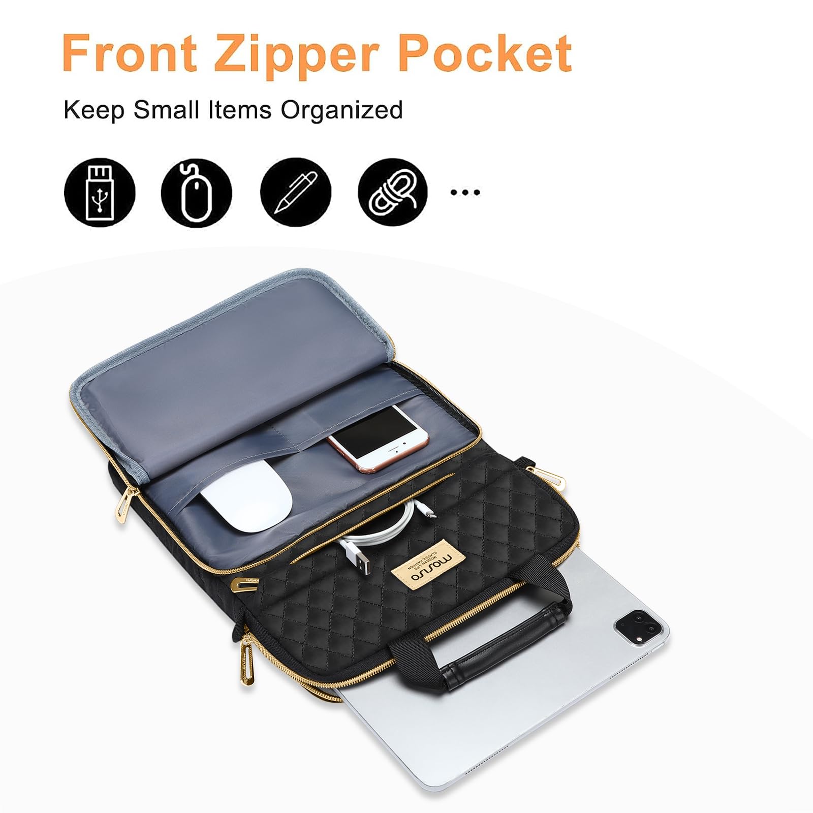 Mosiso 9 11 Inch Tablet Sleeve For 11 Inch Ipad Pro M4 & Ipad Air M2 2024, Ipad 10 & Air 5 10.9, Ipad 9/8/7Th 10.2, Tab S8/S9 11, Square Quilted Carrying Case With Front 2 Pockets, Black