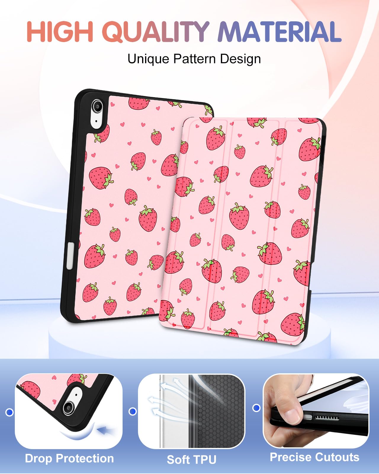Wazzasoft For Apple Ipad 10Th Generation Case 10.9 Inch Cute Women Girls Kids Folio Cover Girly Kawaii Strawberry Design Pencil