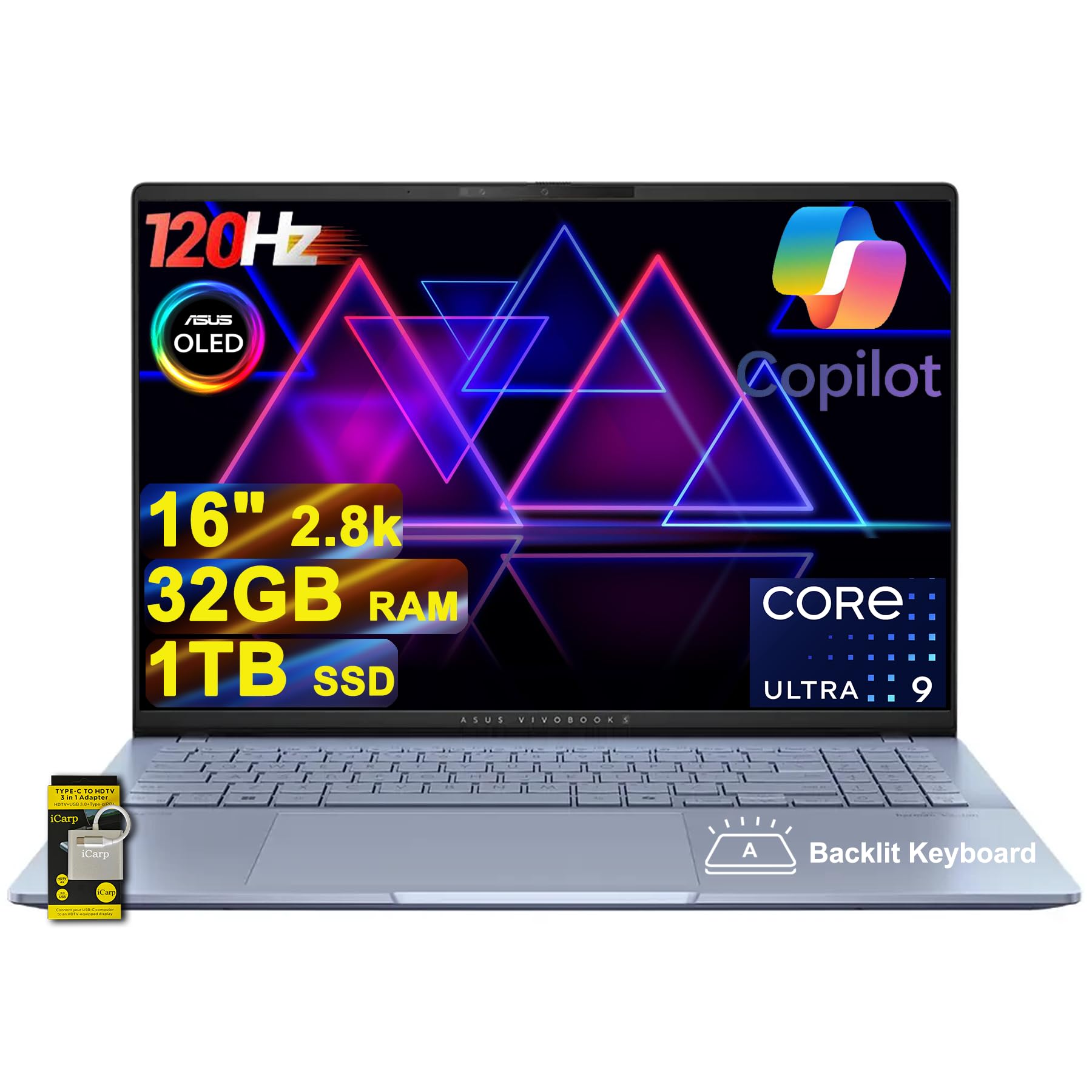 ASUS Vivobook S16 AI PC Laptop 16 2.8k OLED 120Hz (600nits, 100% DCI-P3) Intel 16-core Ultra 9 285H 32GB RAM 1TB SSD Backlit for