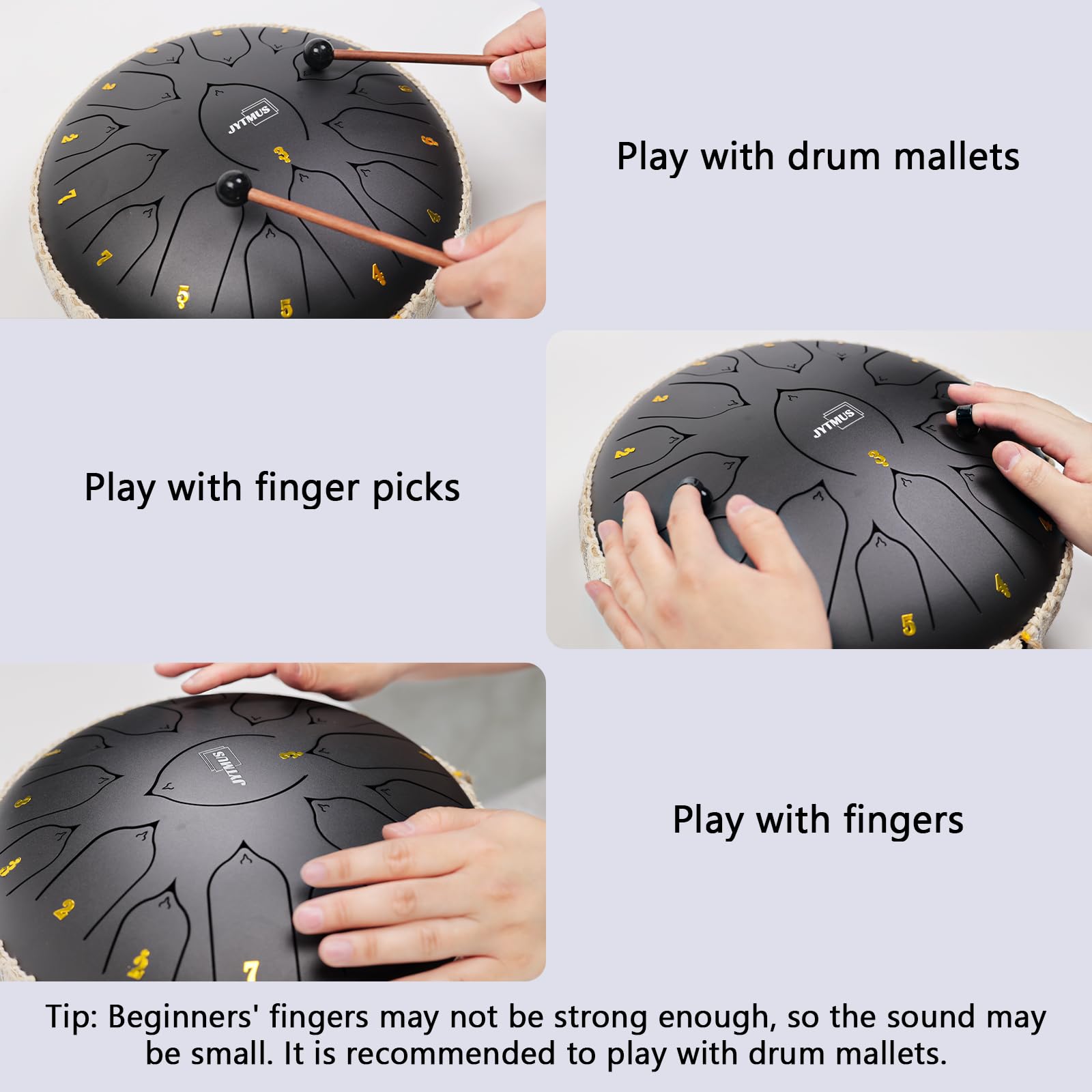 Jytmus Steel Tongue Drum 15 Notes 13 Inches Steel Drum With Drum Bag, Music Book, Drum Mallets, Mallet Holder, Finger Picks And