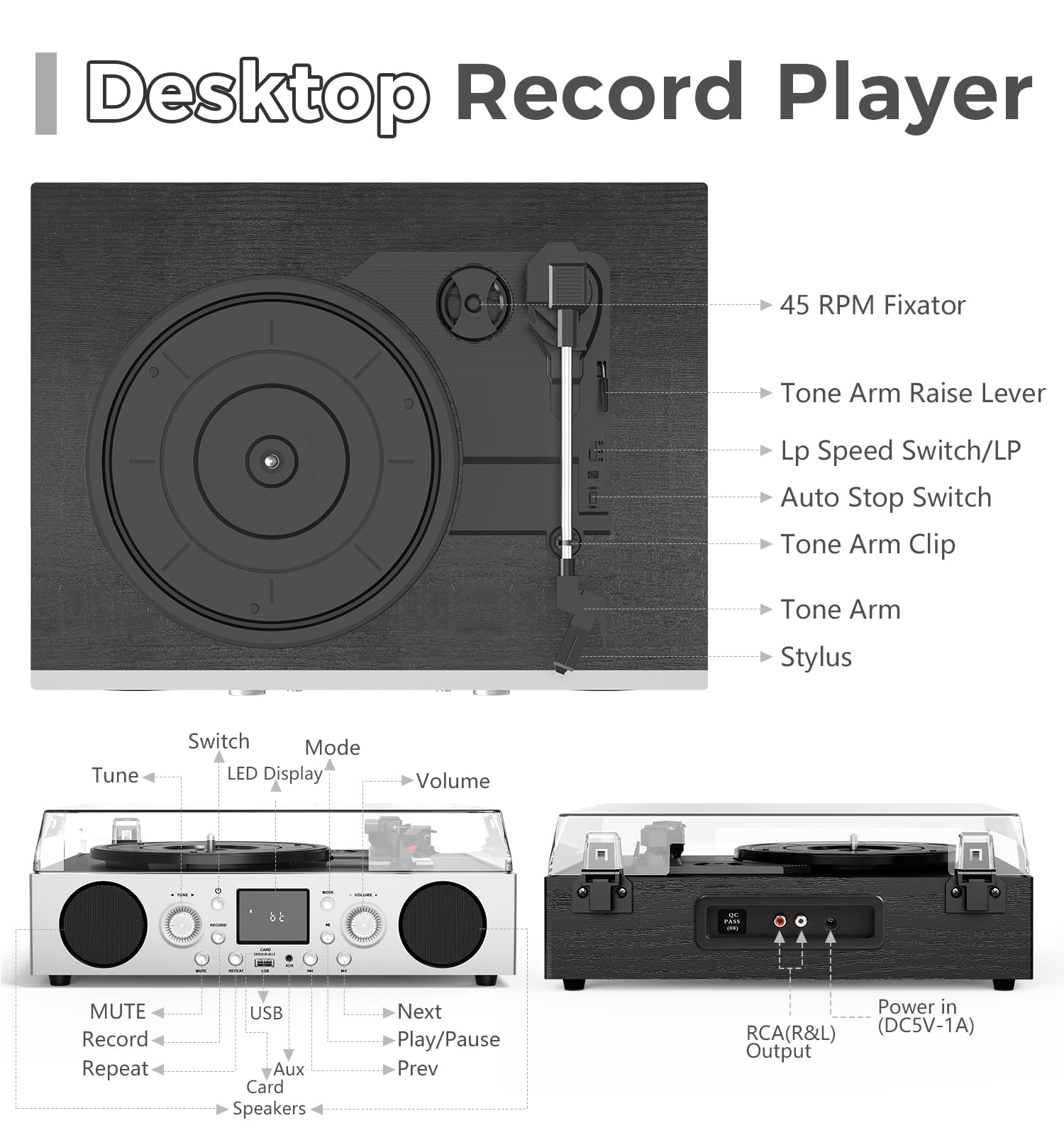 Vinylslink Record Player With Built In Speakers, Belt Driven Turntable Support 3 Speed, Fm Radio And Bluetooth Receiving, Rca Li