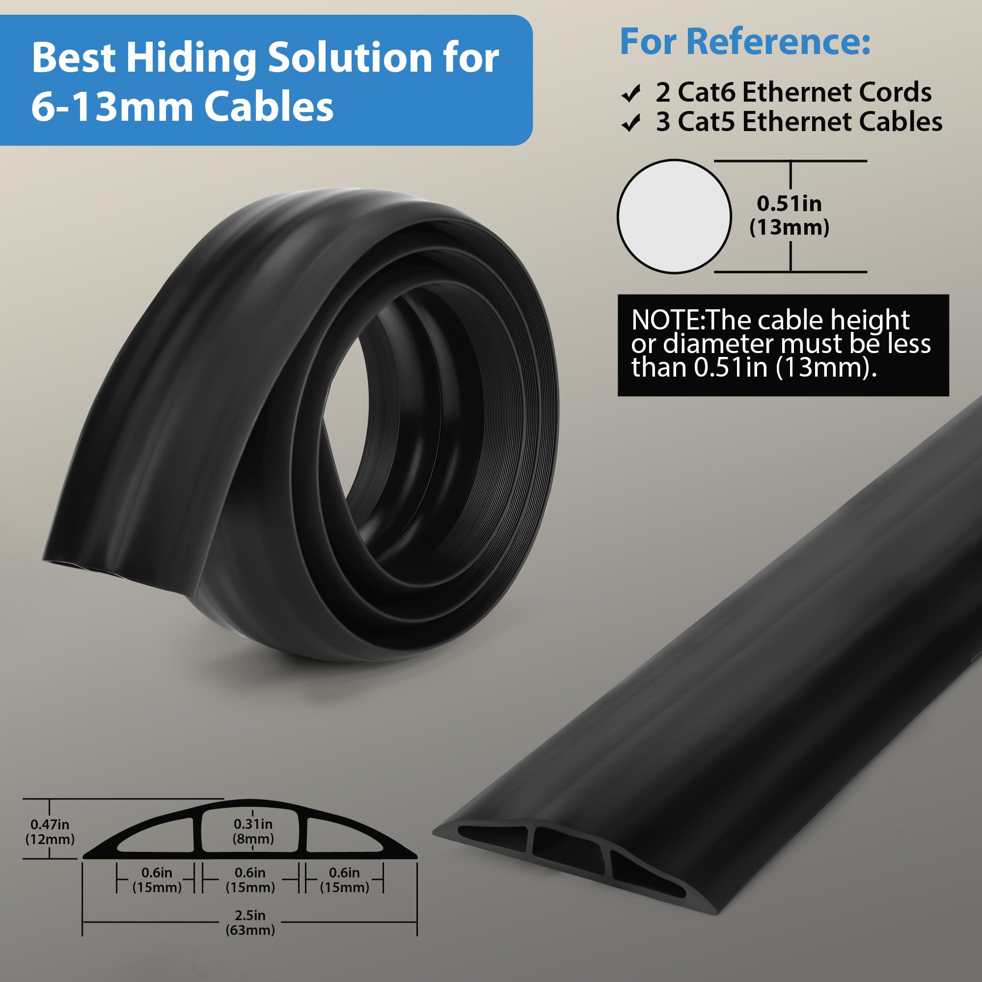 Lzeoy 4Ft Cord Hider Floor   Black Floor Cable Hider, Wire Covers For Cords Prevent Cable Trips, Floor Cord Cover, Power Cable M